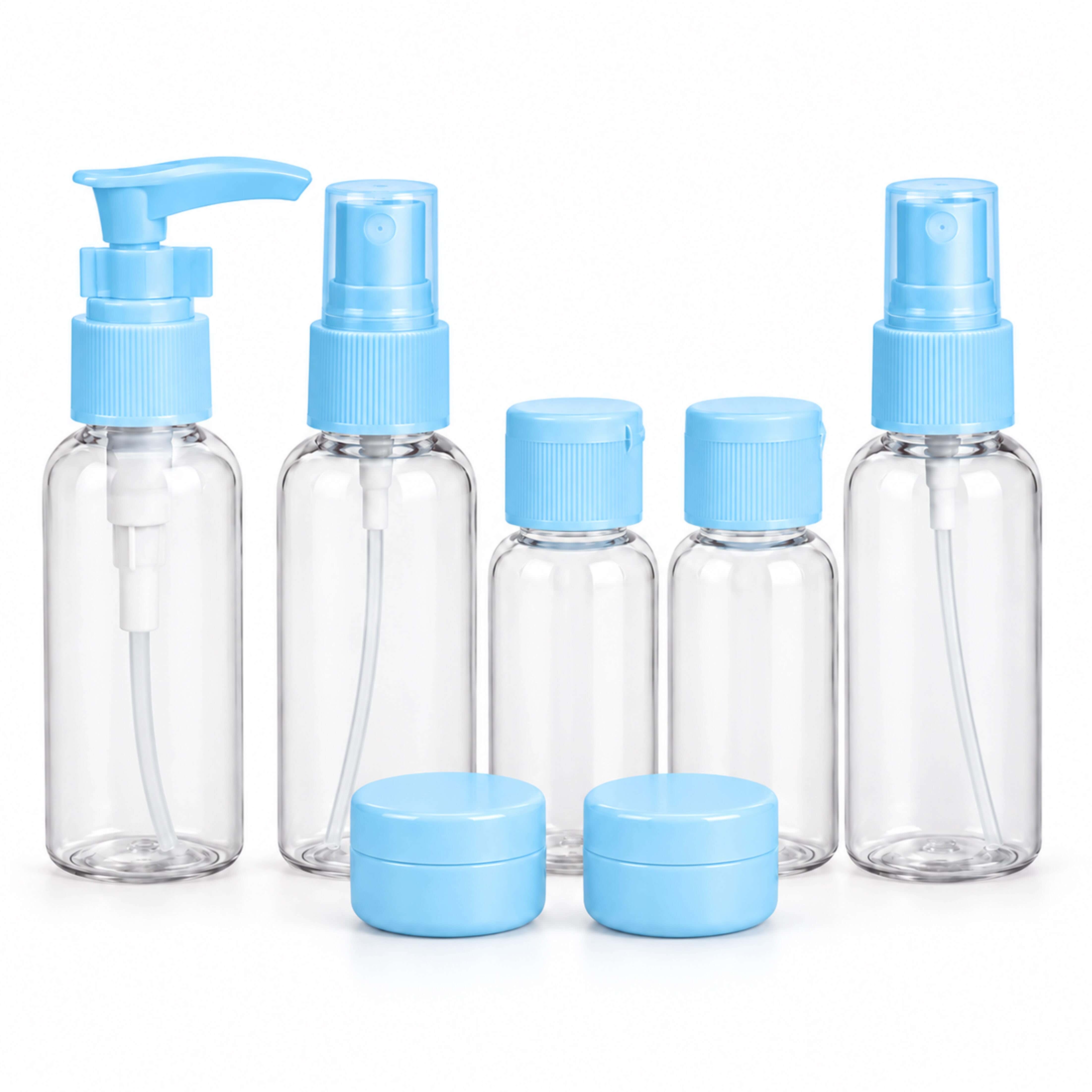 Plastic Makeup Bottle Set, 7 Pieces - Clear Light Blue