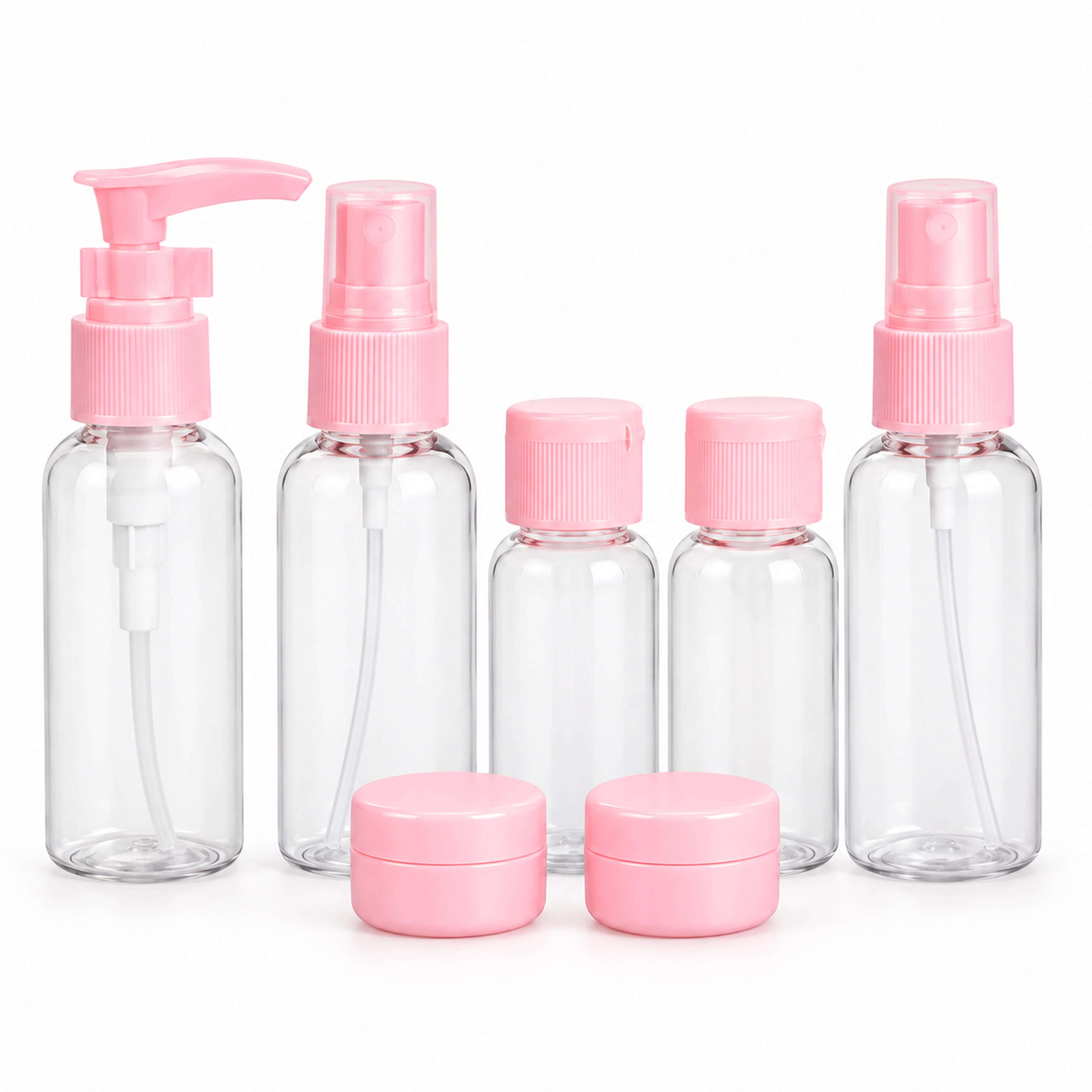 Plastic Makeup Bottle Set, 7 Pieces - Clear Rose