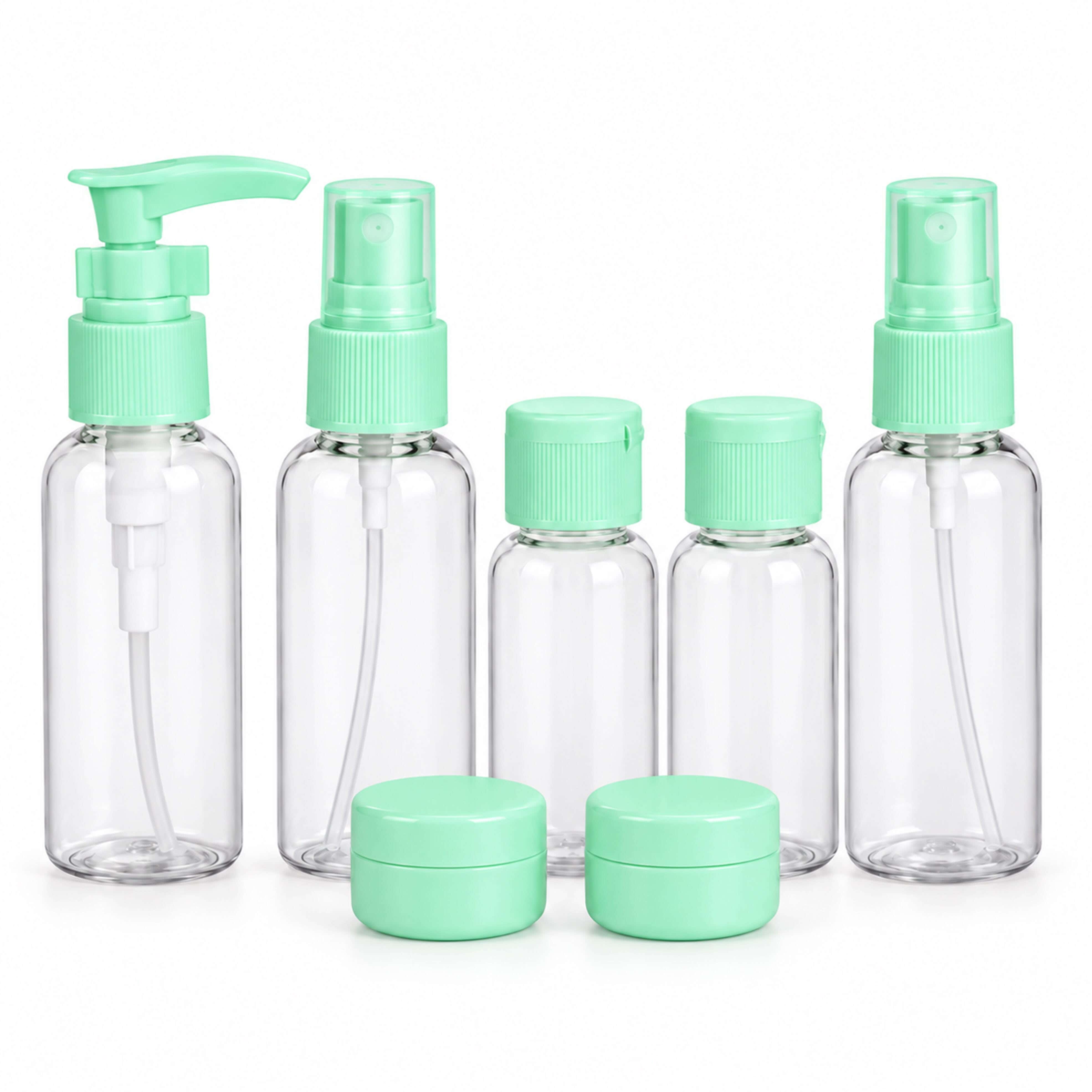 Plastic Makeup Bottle Set, 7 Pieces - Clear Light Green