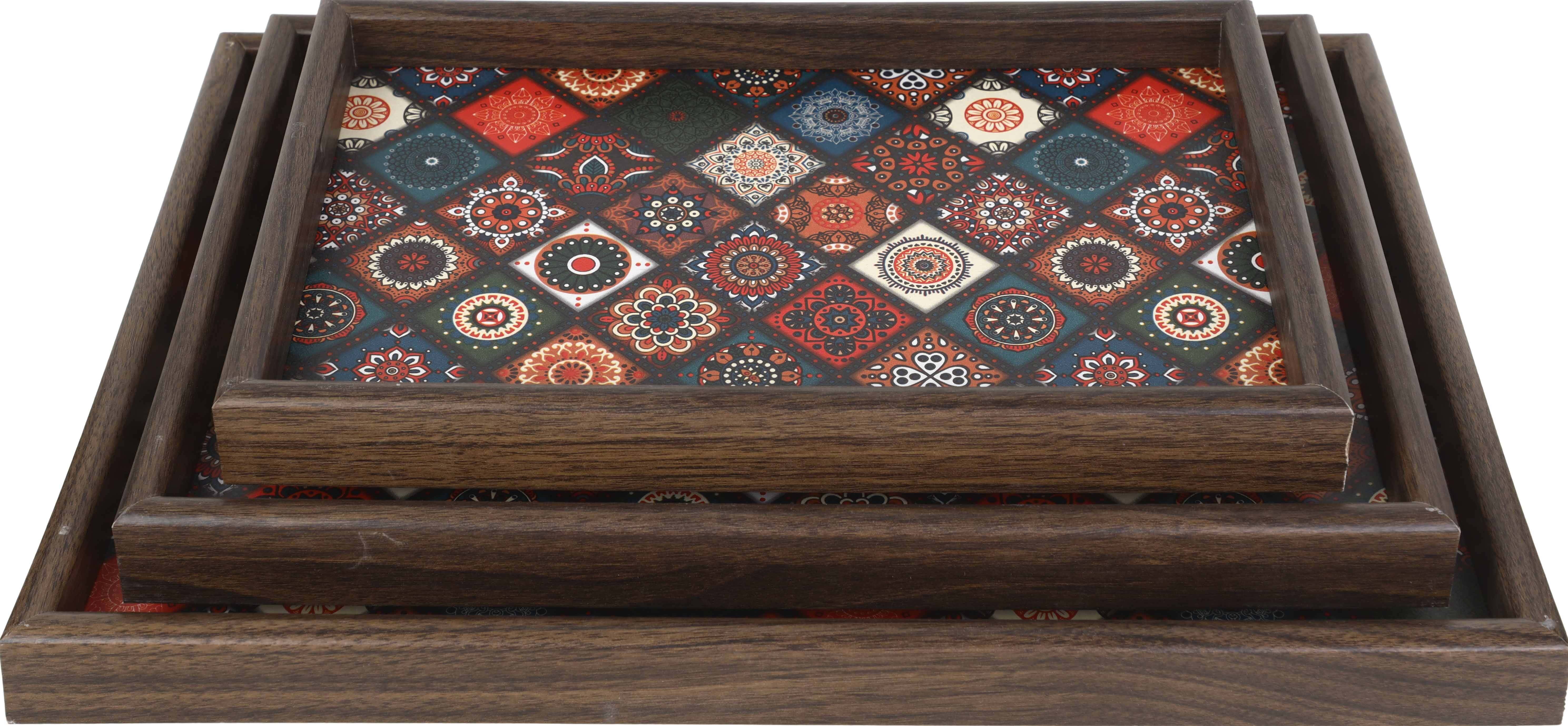 wooden Rectangular serving tray set, 3 pieces - Dark Brown