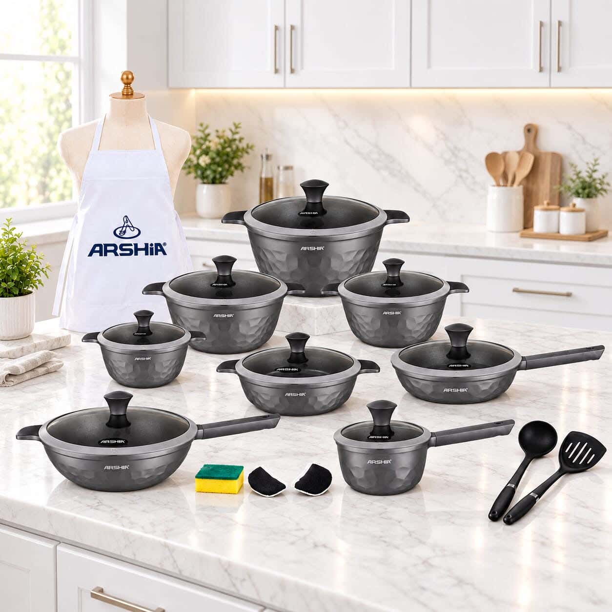 Arshia Titanium Pots Set, 22 Piece, Glass Lids and Bakelite Handles - Grey