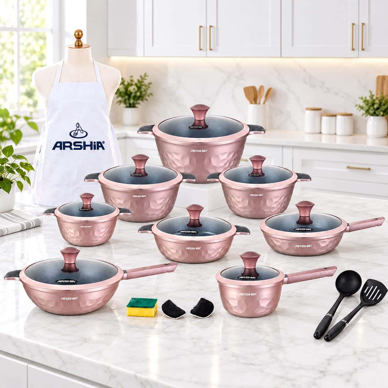Arshia Titanium Pots Set, 22 Piece, Glass Lids and Bakelite Handles - Cashmere
