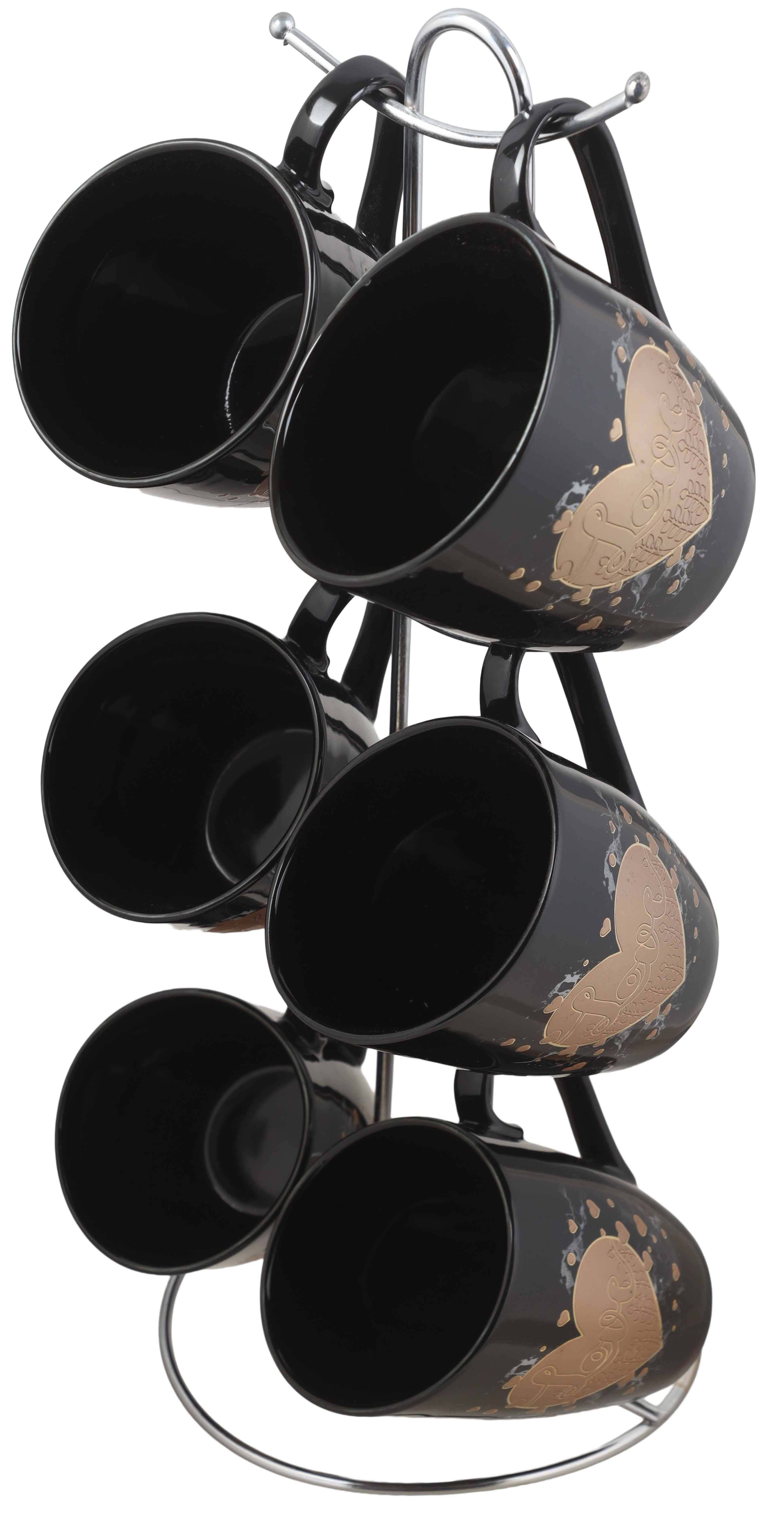 Lotus Porcelain Coffee Mug Set, 6 pieces, 220 ml, with stand - Black Gold