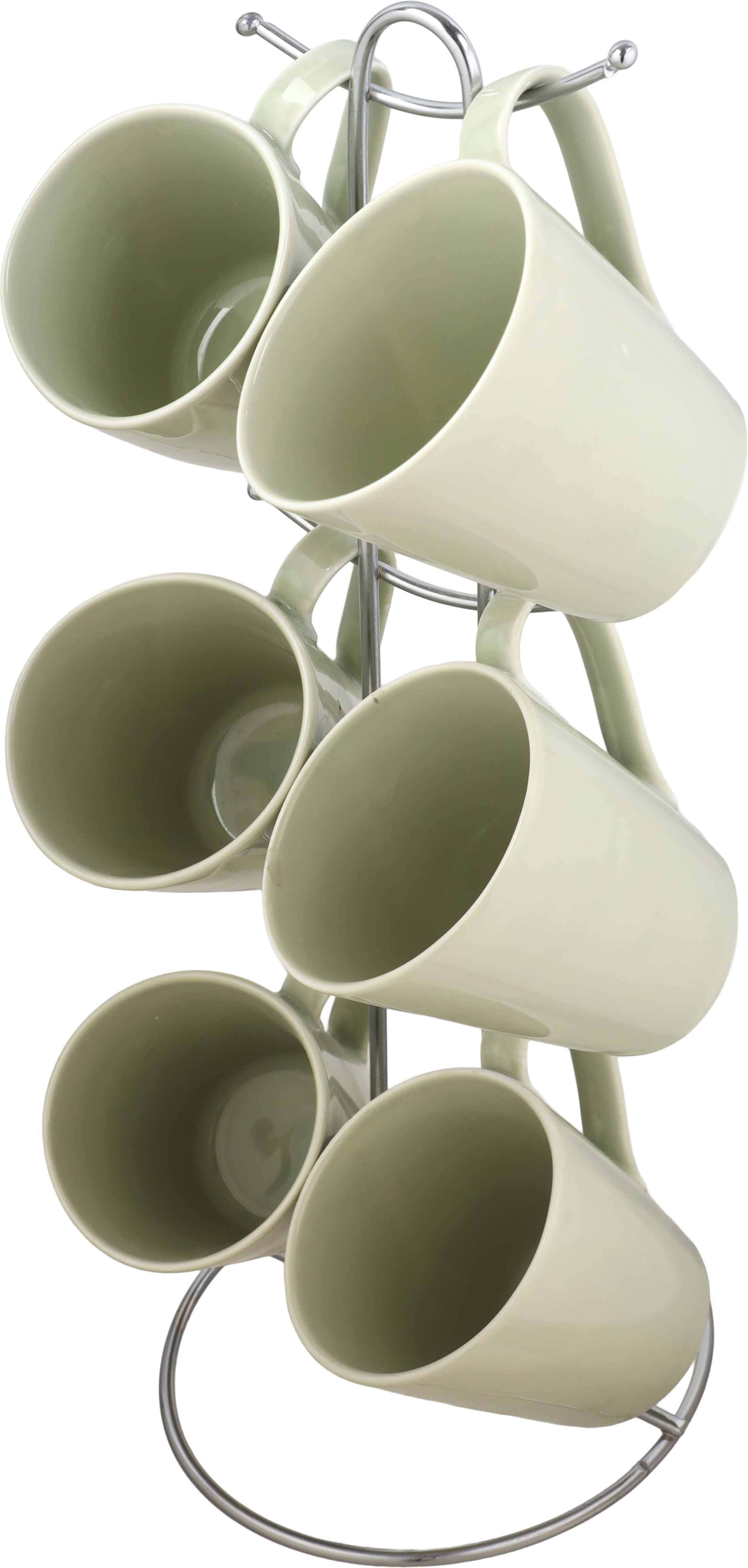 Lotus Porcelain Coffee Mug Set, 6 pieces, 220 ml, with stand - Olive