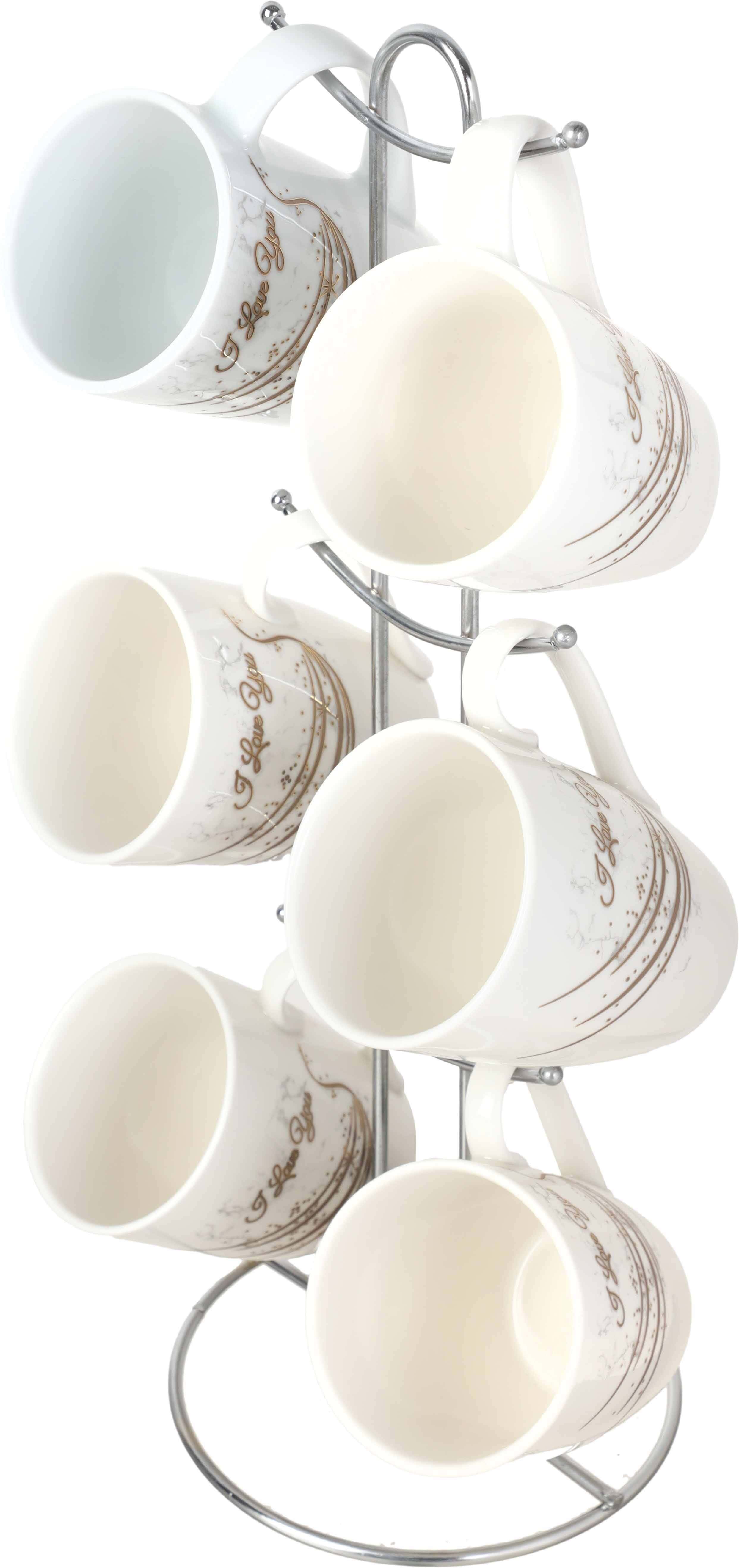 Lotus Porcelain Mug Set, 6 Pieces, 220 ml, With Metal Stand - White Gold