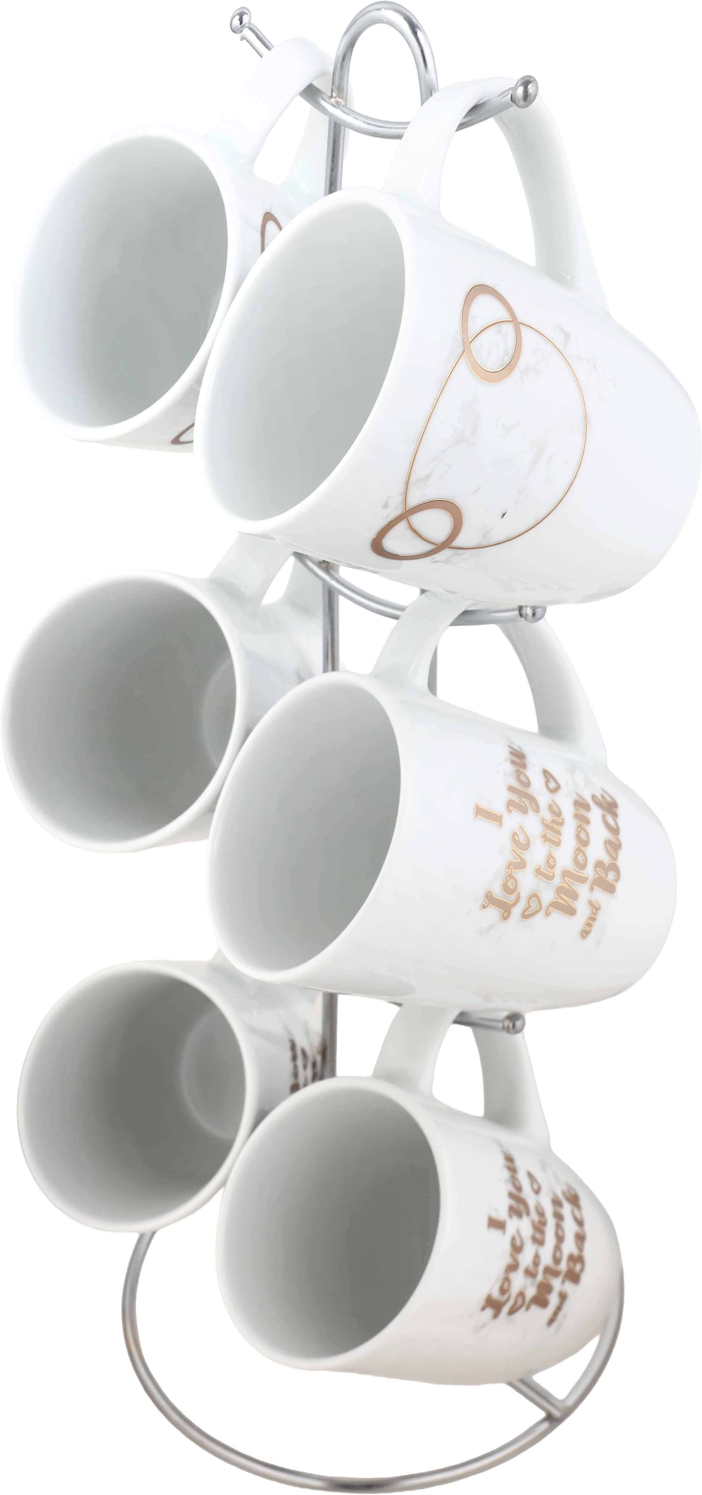 Lotus Porcelain Coffee Mug Set, 6 pieces, 220 ml, with stand - White Gold
