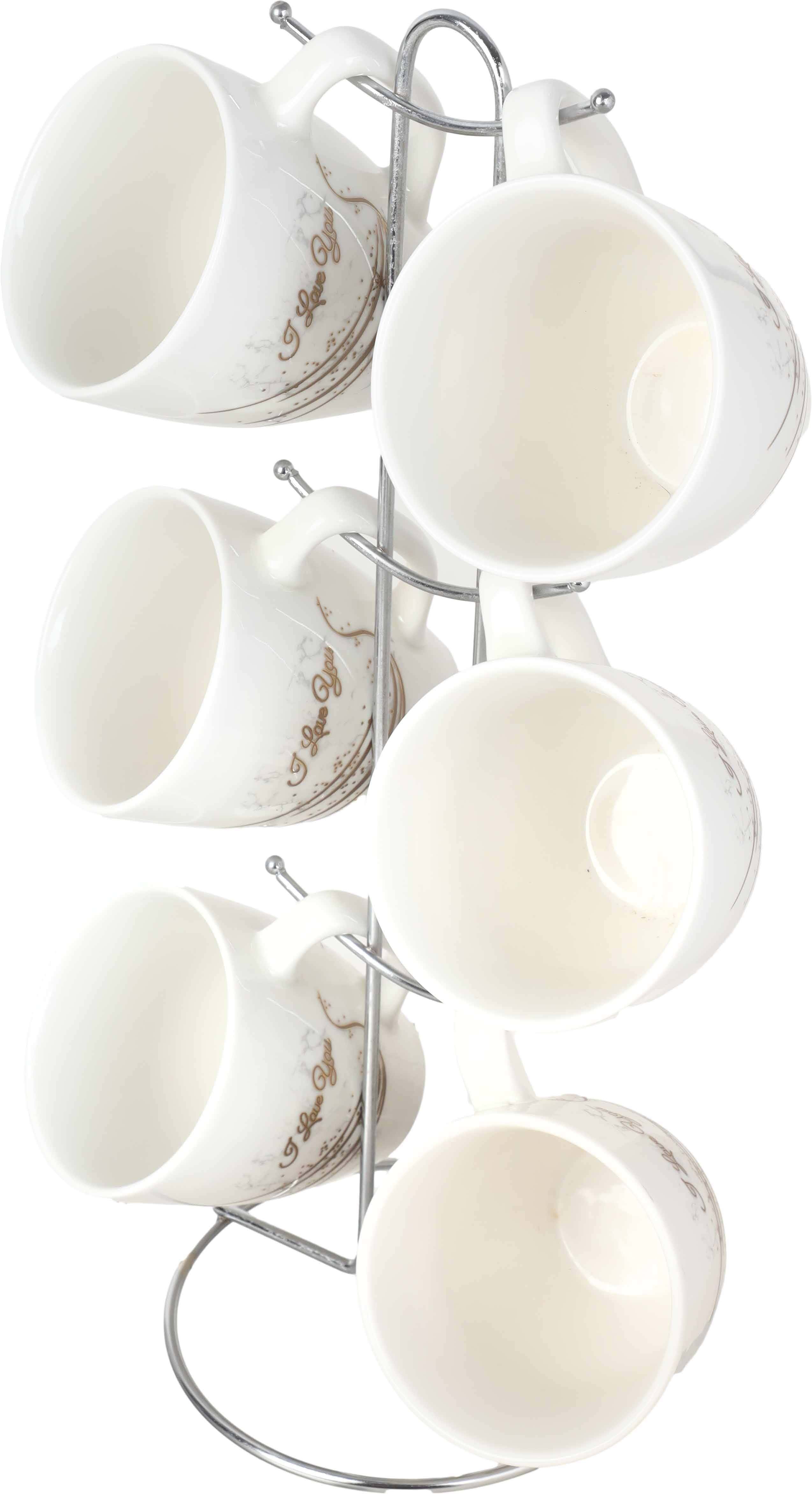 Lotus Porcelain Mug Set, 6 Pieces, 220 ml, With Metal Stand - White Gold