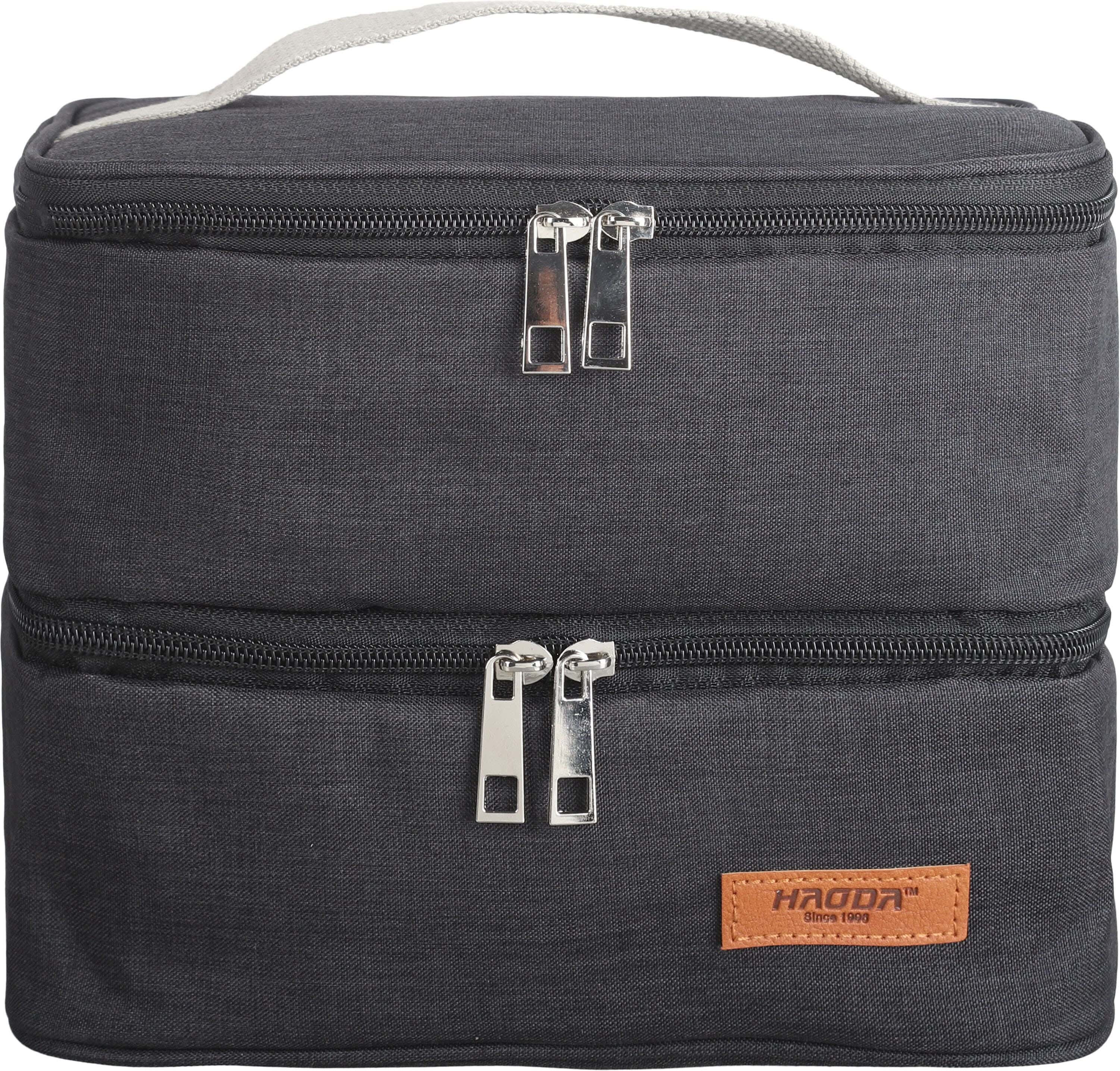 HAODA Fabric Lunch Bag, thermal Insulation For up to 30 Hours, 20×18 cm, 2 Zippers - Black