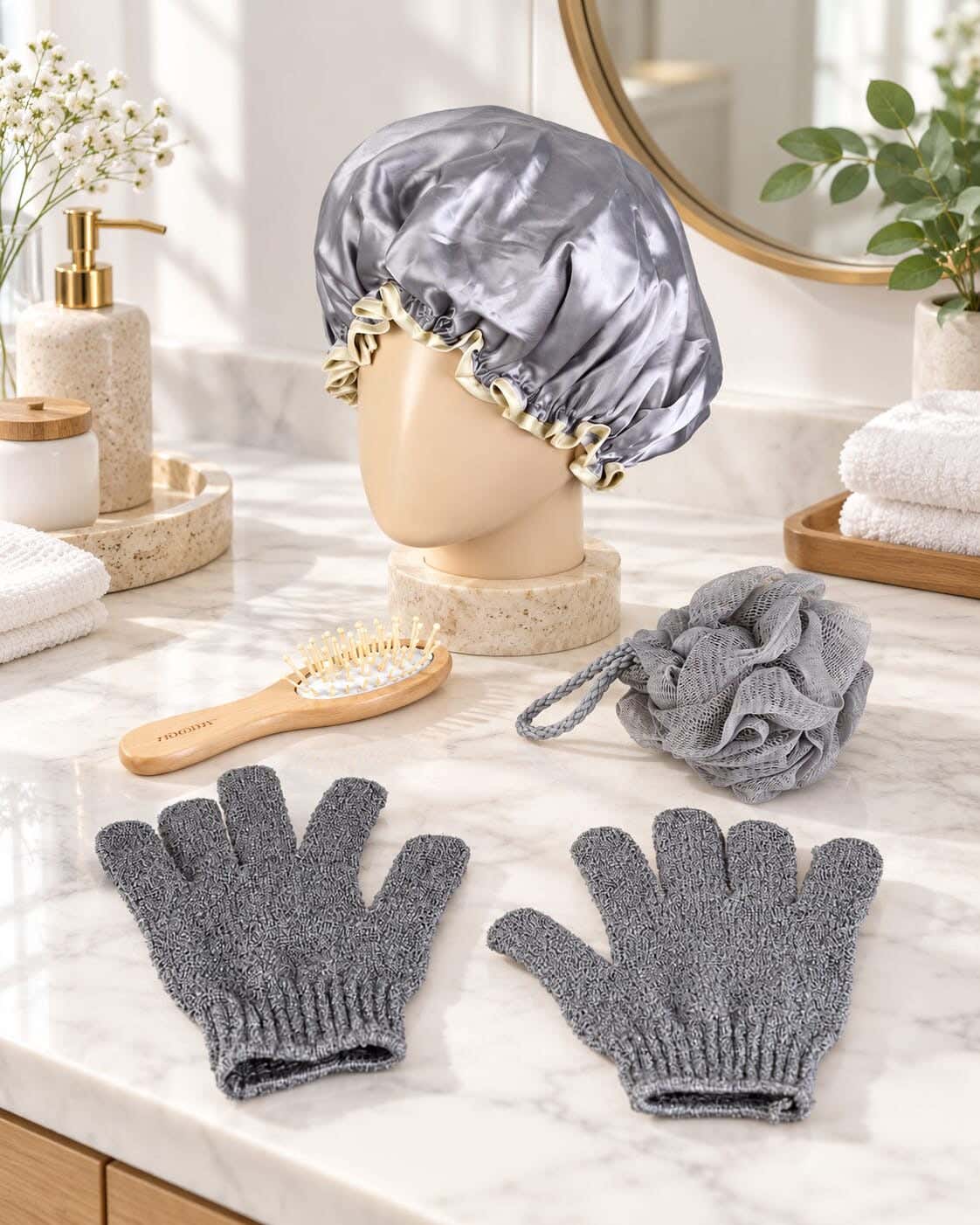 Body Care Set, 5 Pieces, with Plastic Bag - Grey Beige