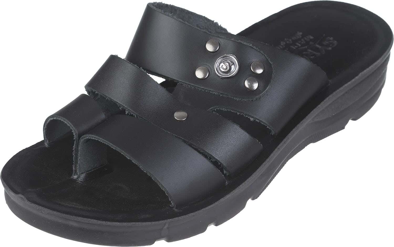 SYR Genuine Leather Flip Flop Slippers for Boys, 37 EU - Black