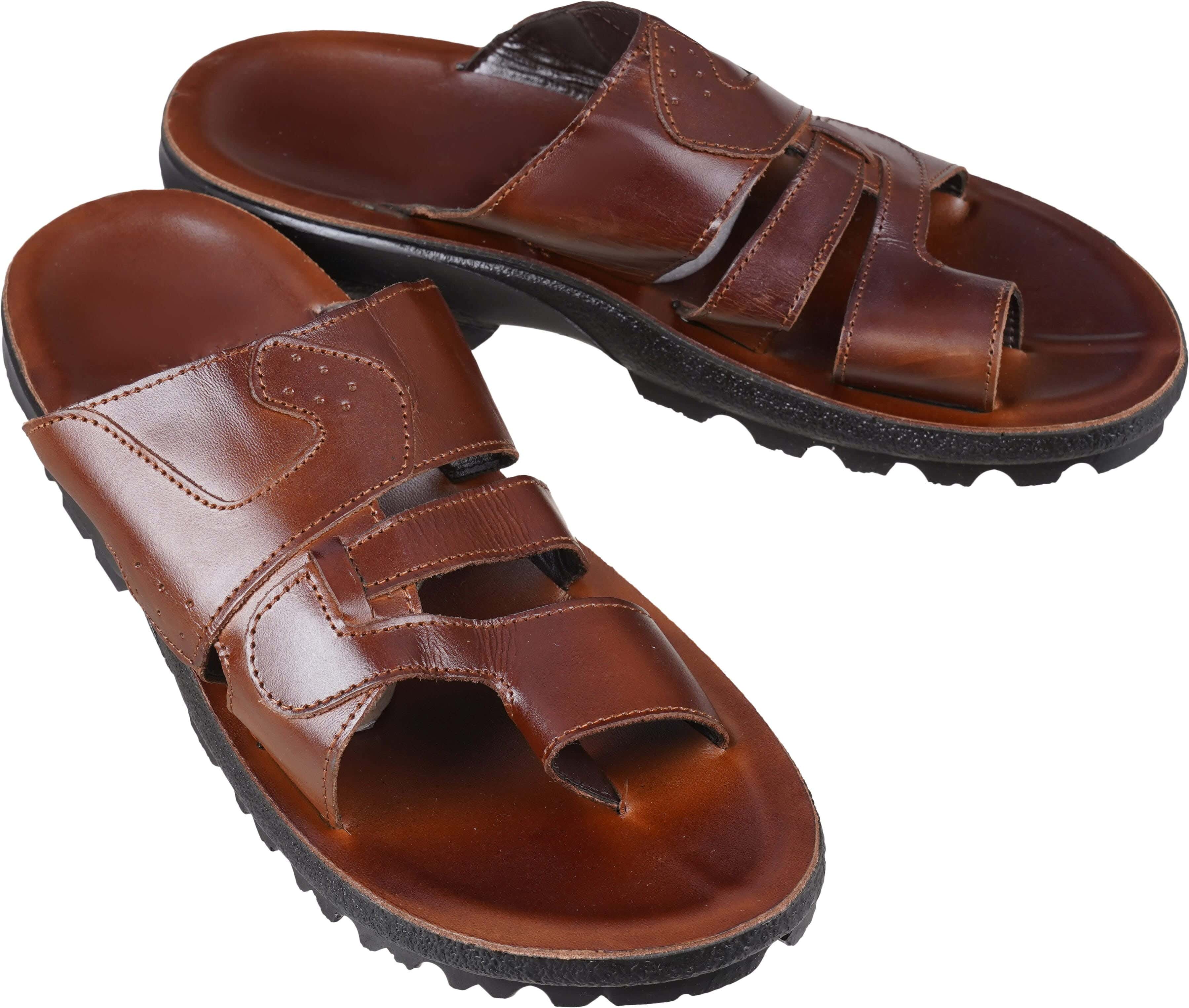 Men's Genuine Leather Flip Flop Slipper, 45 EU - Brown