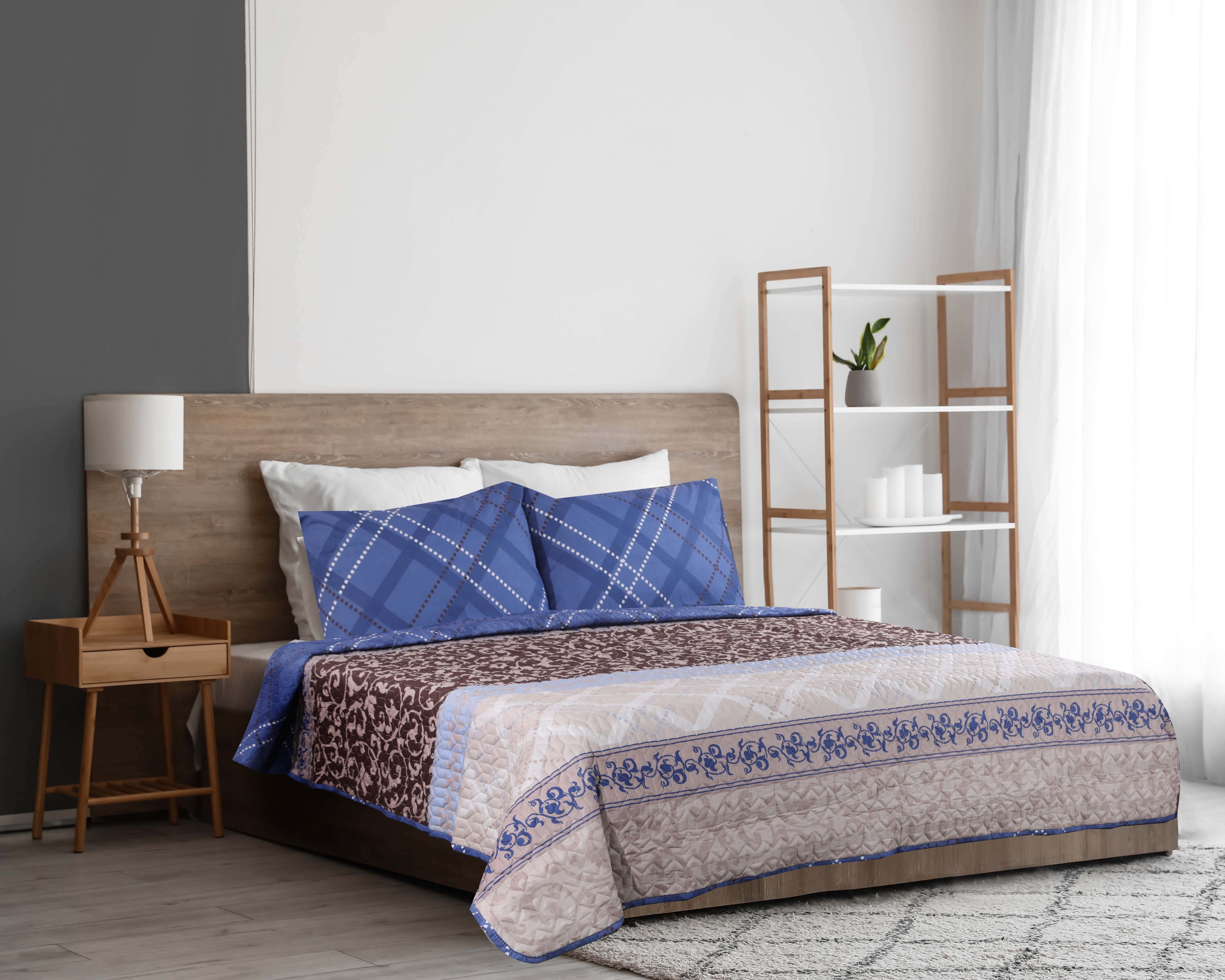 Al Maamoun Cotton Comforters Set, 3 Pieces, 240×240 cm - Brown Blue