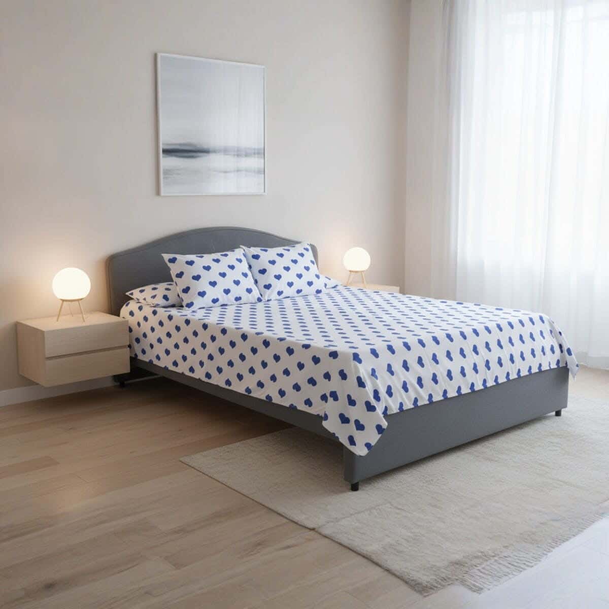 Fabric Printed Bedding Sheet Set, 4 Pieces, 215×235 cm - White Blue