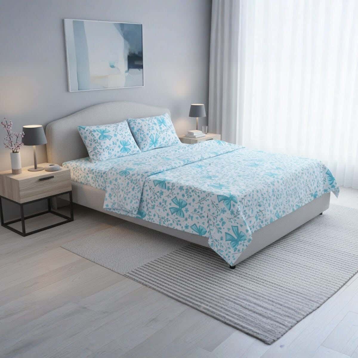 Fabric Printed Bedding Sheet Set, 4 Pieces, 215×235 cm - White Turquoise