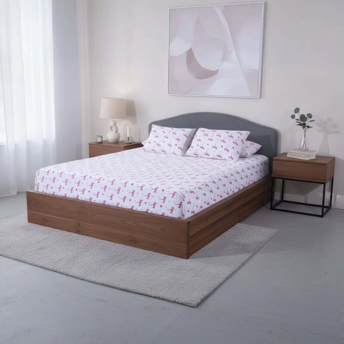 Fabric Printed Bedding Sheet Set, 4 Pieces, 215×235 cm - White Red