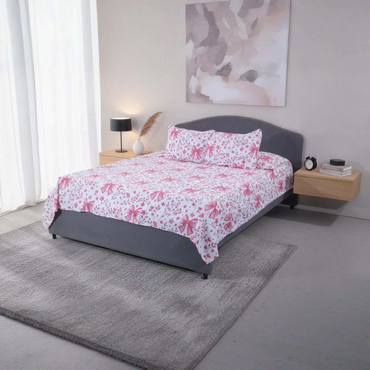 Fabric Printed Bedding Sheet Set, 4 Pieces, 215×235 cm - White Rose