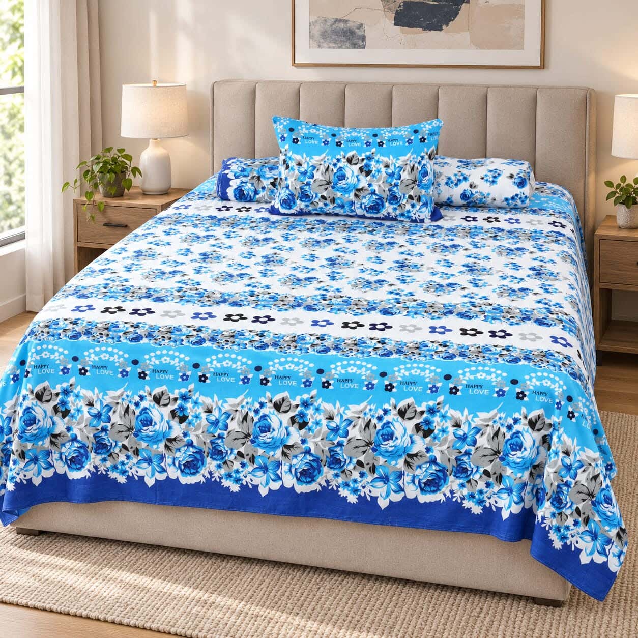 Judy Bed Sheet Set, 3 Pieces, 240x170 cm, 650 gm - Blue White