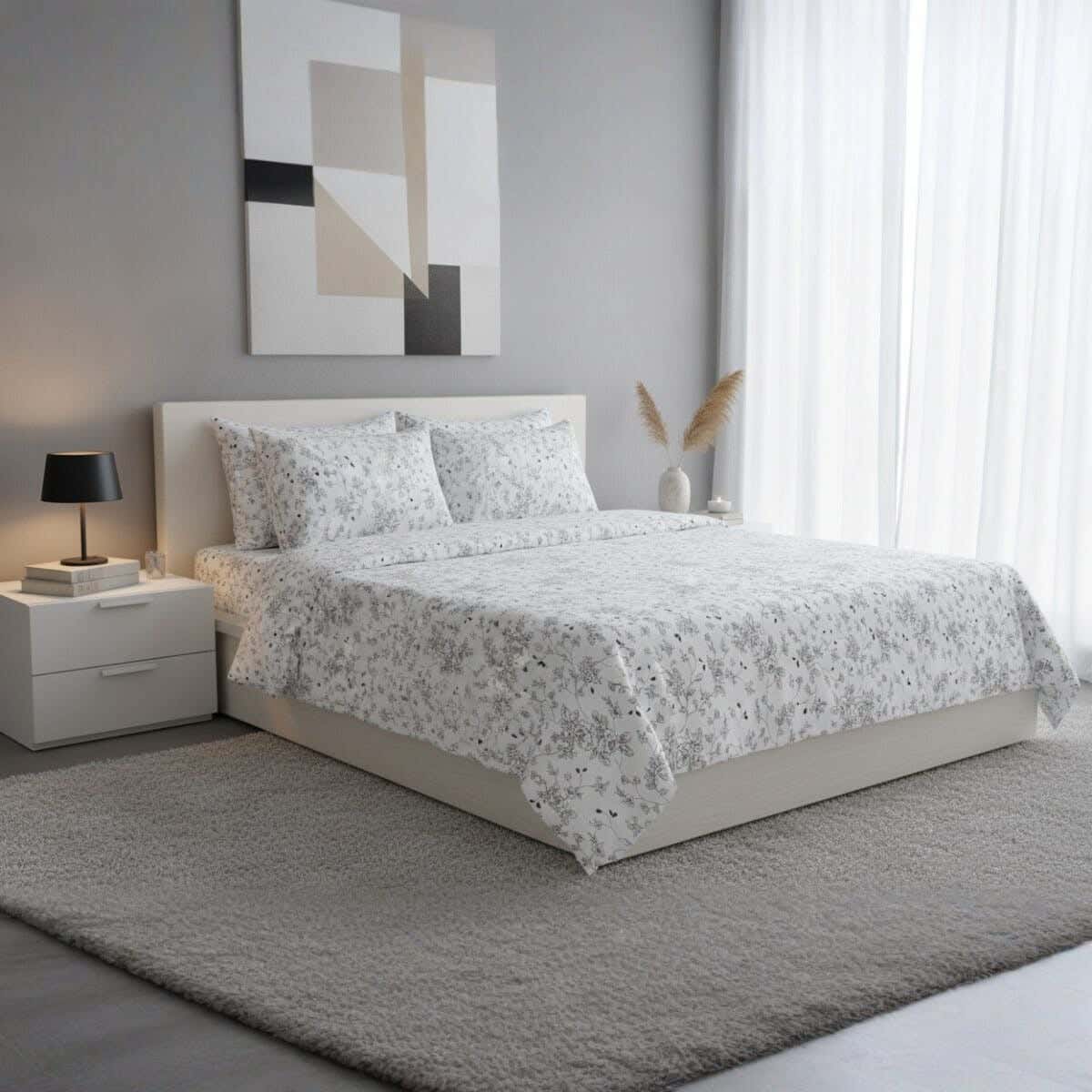 For Furniture Microfiber Bed Sheet Set, 4 Pieces, 240×260 cm, 1900 gm - White Grey
