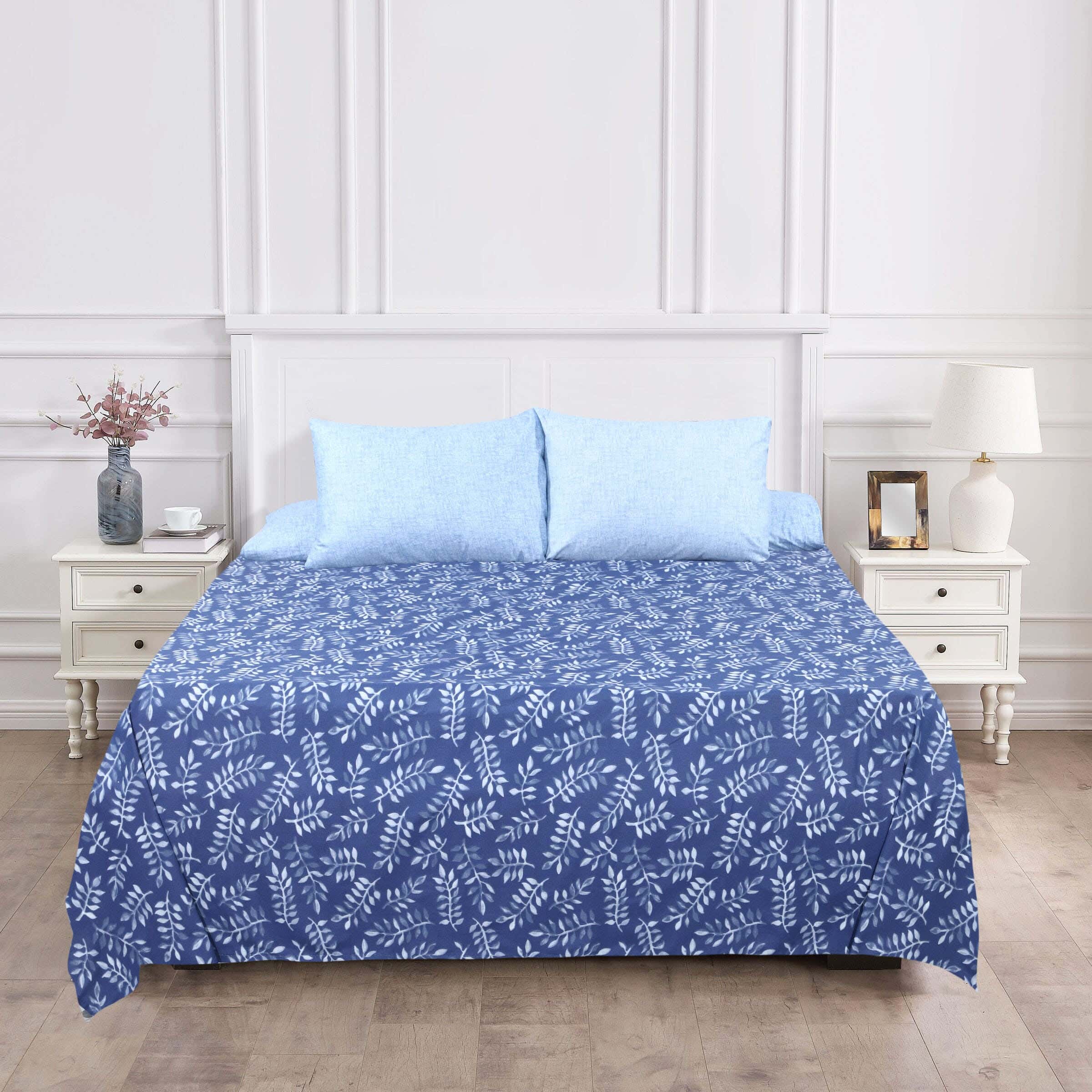 Mivida Cotton Bed Sheet Set, 4 Pieces, 240×260 cm, 1950 gm - Navy Light Blue