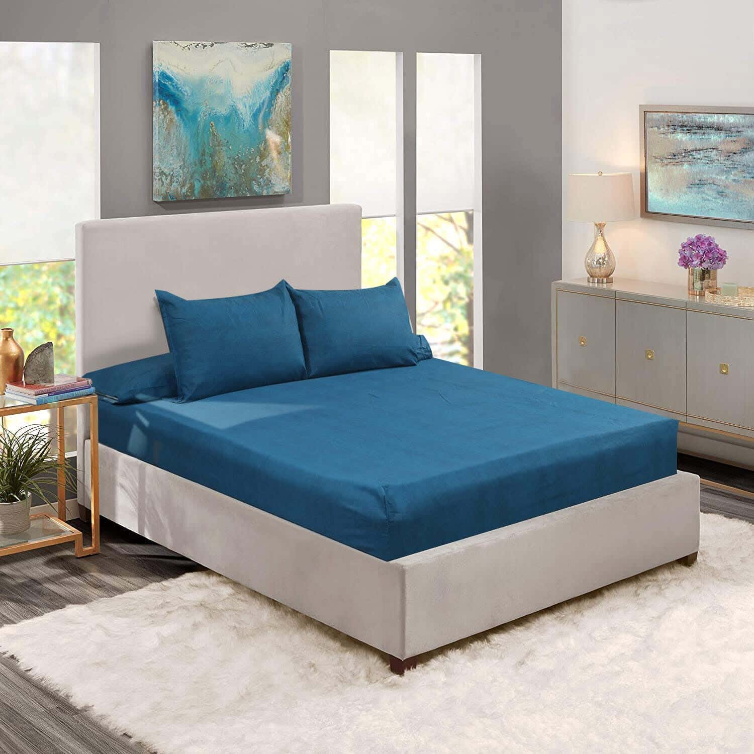 Lili Cotton Bed Sheet Set with Elastic, 4 Pieces, 200×180 cm, 1300 gm - Petrol