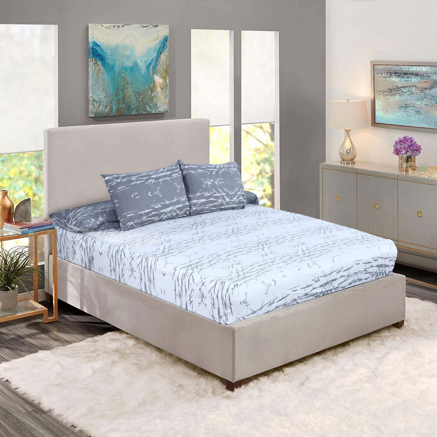 Loom Elastic Cotton Bed Sheet Set, 4 Pieces, 200×180 cm, 1500 gm - White Grey