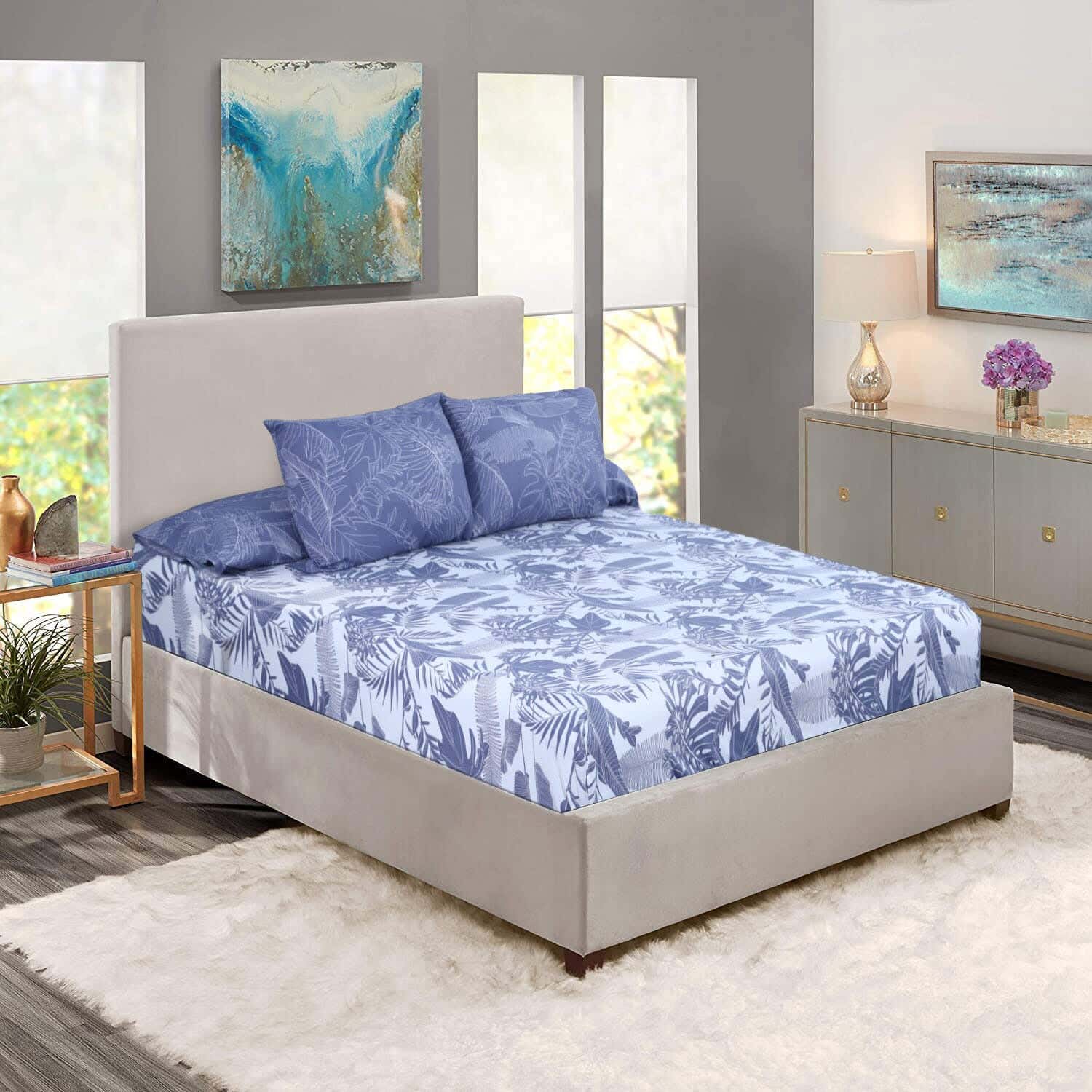 Loom Elastic Cotton Bed Sheet Set, 4 Pieces, 200×180 cm, 1500 gm - White Navy