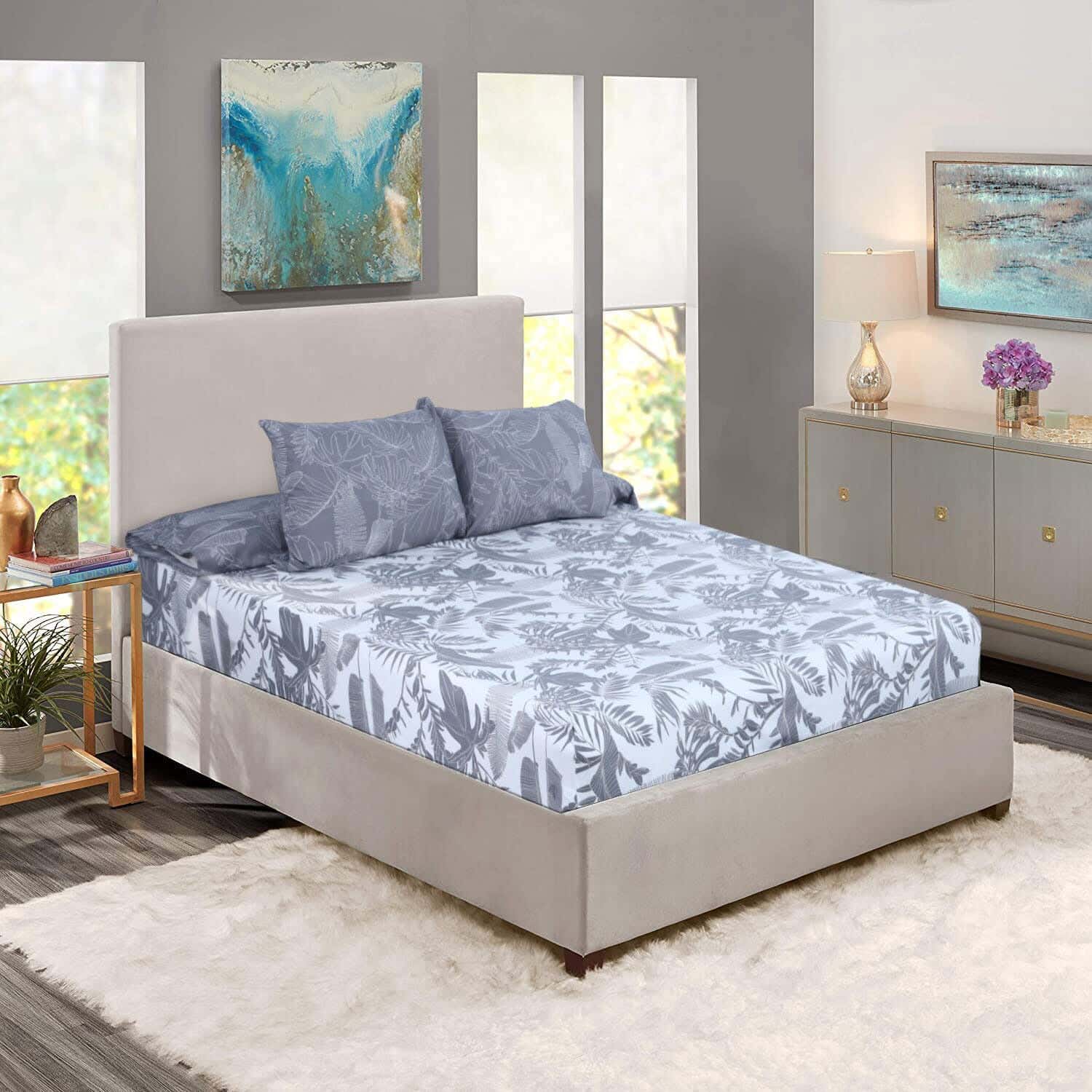 Loom Elastic Cotton Bed Sheet Set, 4 Pieces, 200×180 cm, 1500 gm - White Grey