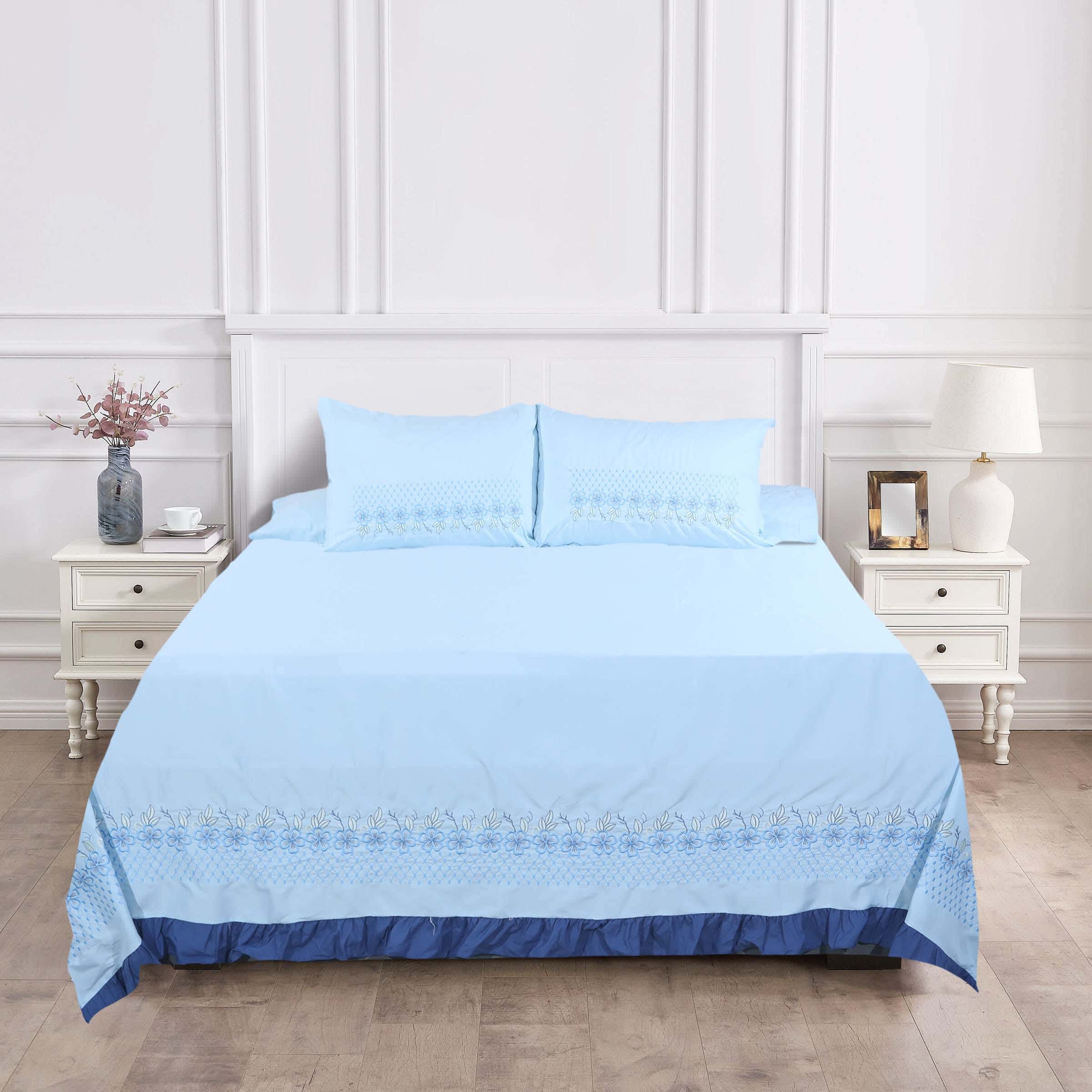 Guzelim Cotton Bedding Sheet Set, 4 Pieces, 240×260 cm, 2500 gm - Light Blue