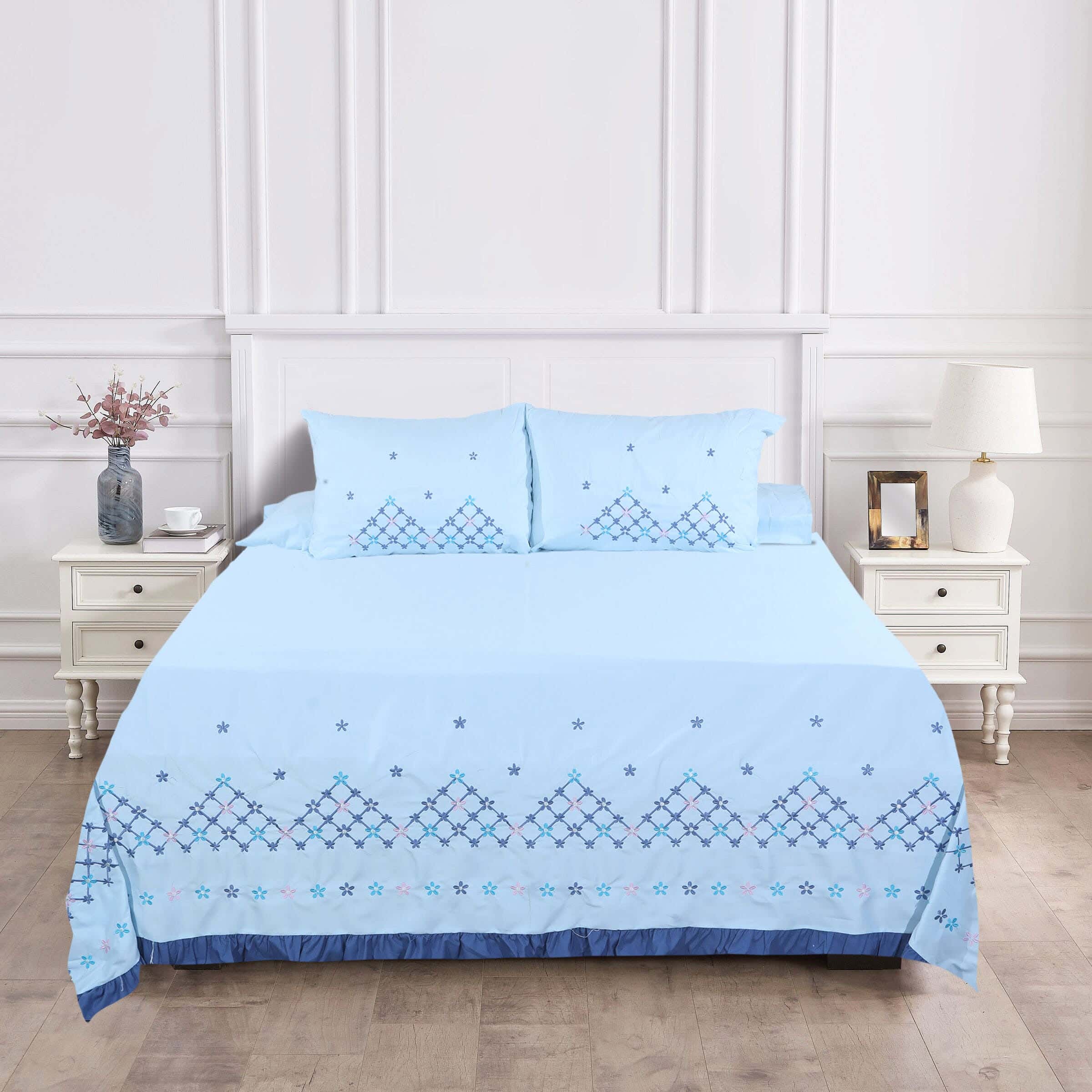 Guzelim Cotton Bed Sheet Set, 4 Pieces, 240×260 cm, 2500 grams - Light Blue