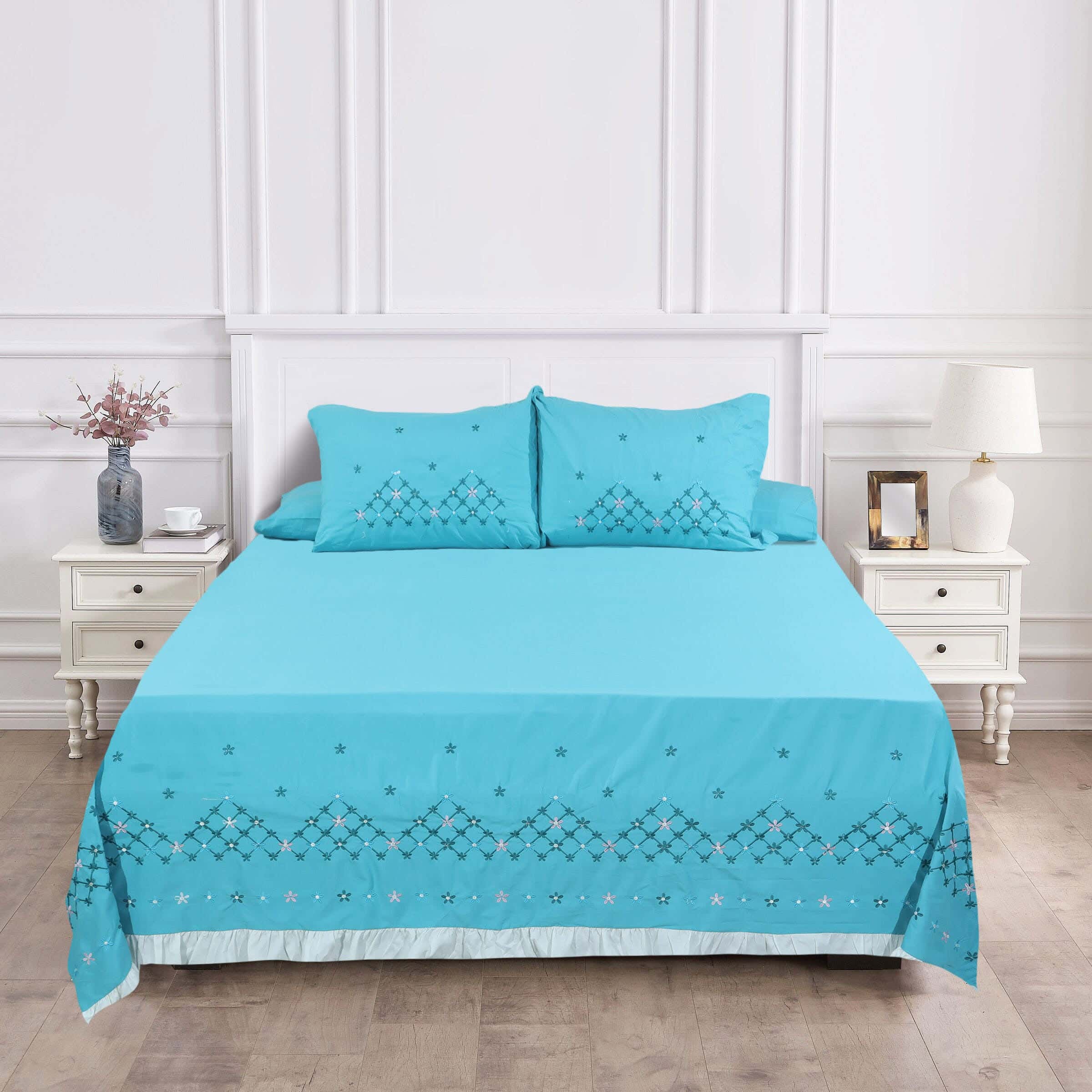 Guzelim Cotton Bed Sheet Set, 4 Pieces, 240×260 cm, 2500 grams - Petrol