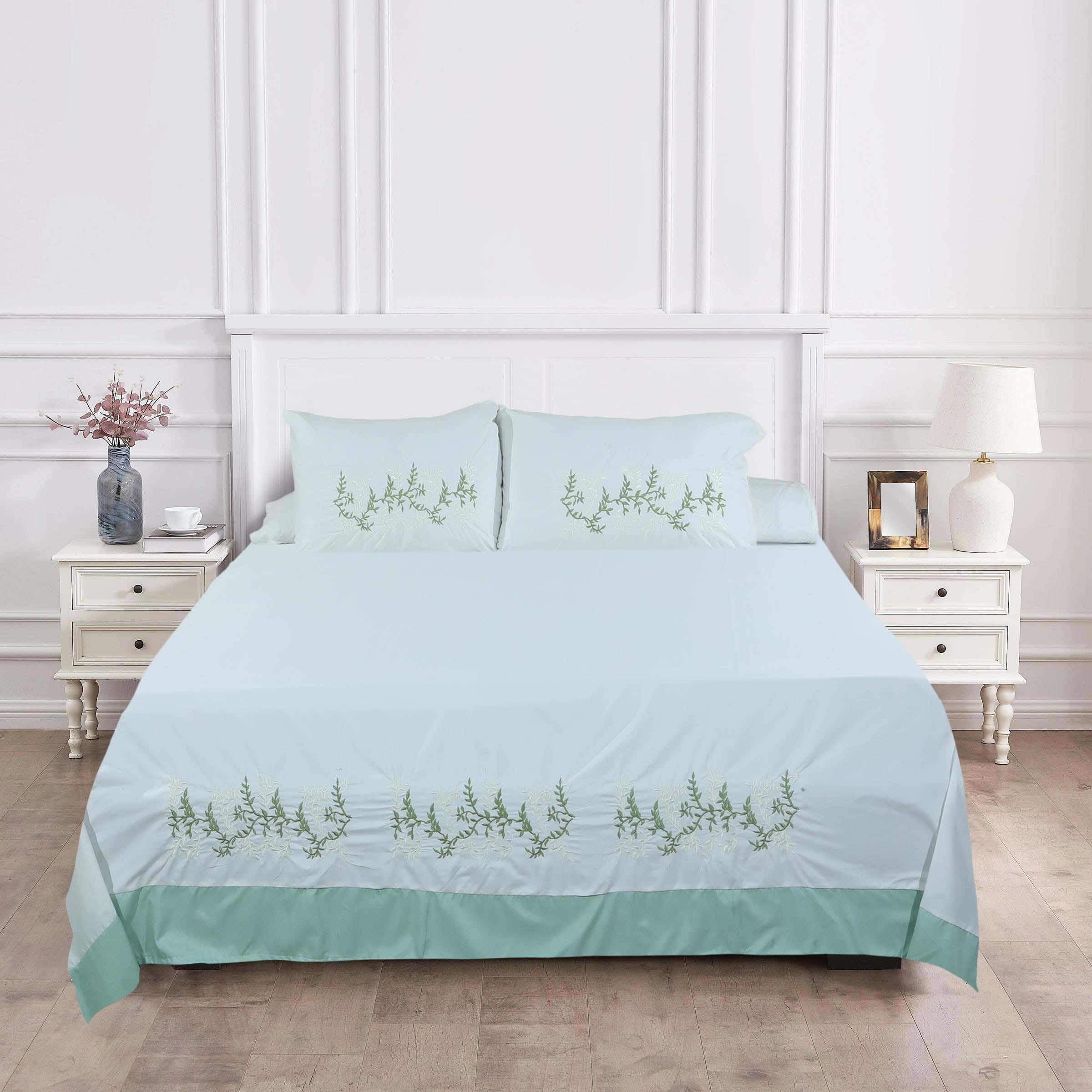 Instagold Embroidered Microfiber Bed Sheet Set, 4 Pieces, 240×240 cm, 1650 gm - Light Green