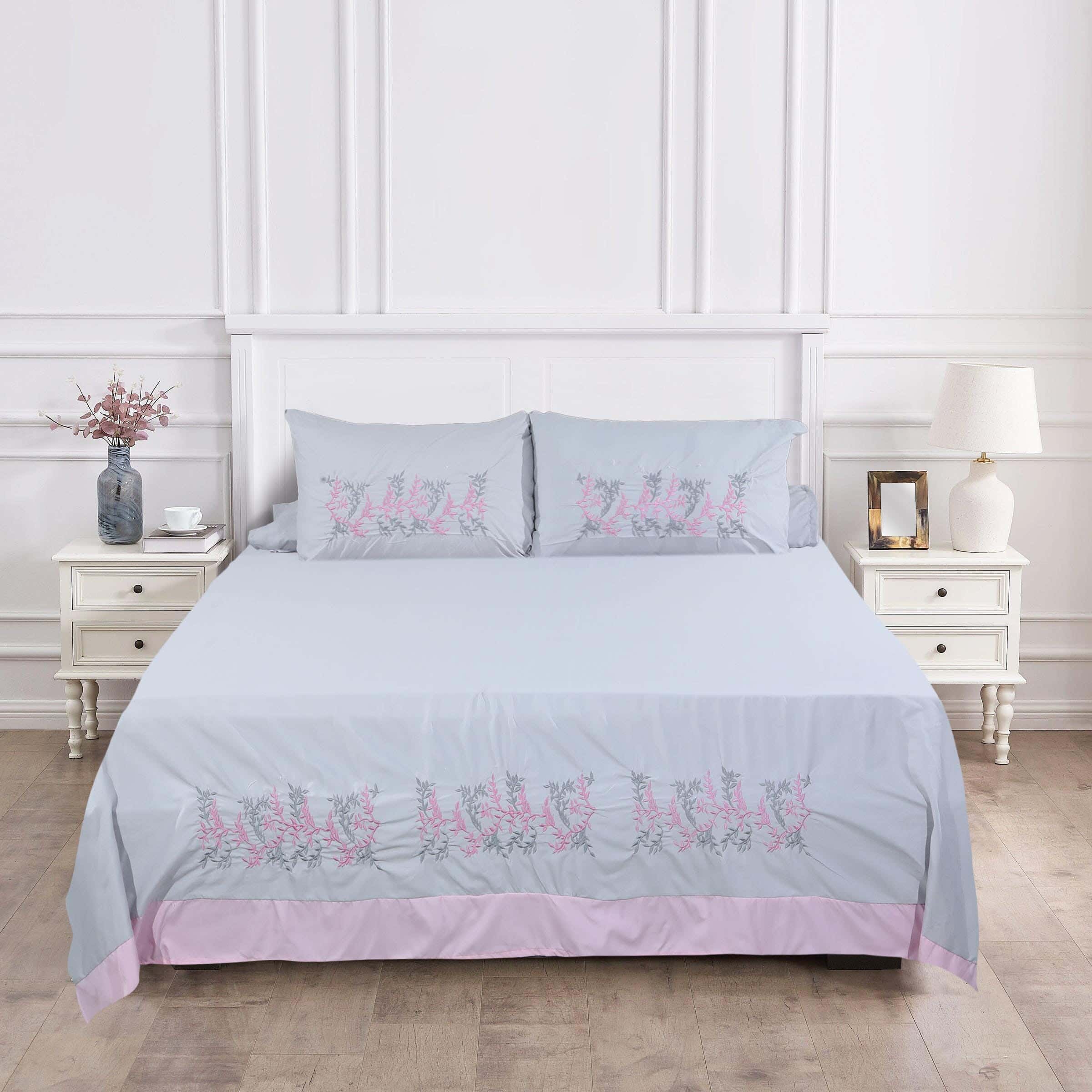 Instagold Embroidered Microfiber Bed Sheet Set, 4 Pieces, 240×240 cm, 1650 gm - Grey