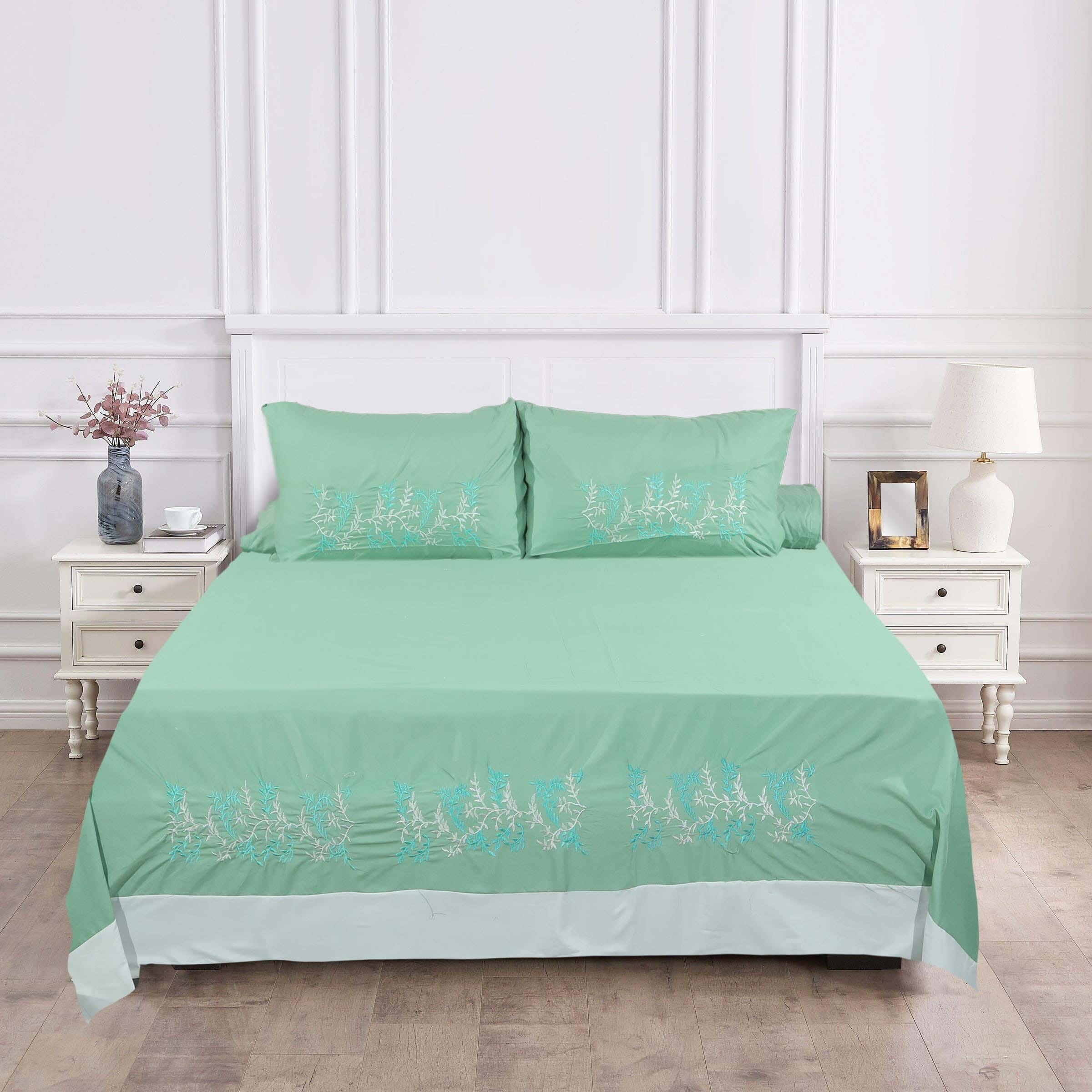 Instagold Embroidered Microfiber Bed Sheet Set, 4 Pieces, 240×240 cm, 1650 gm - Green