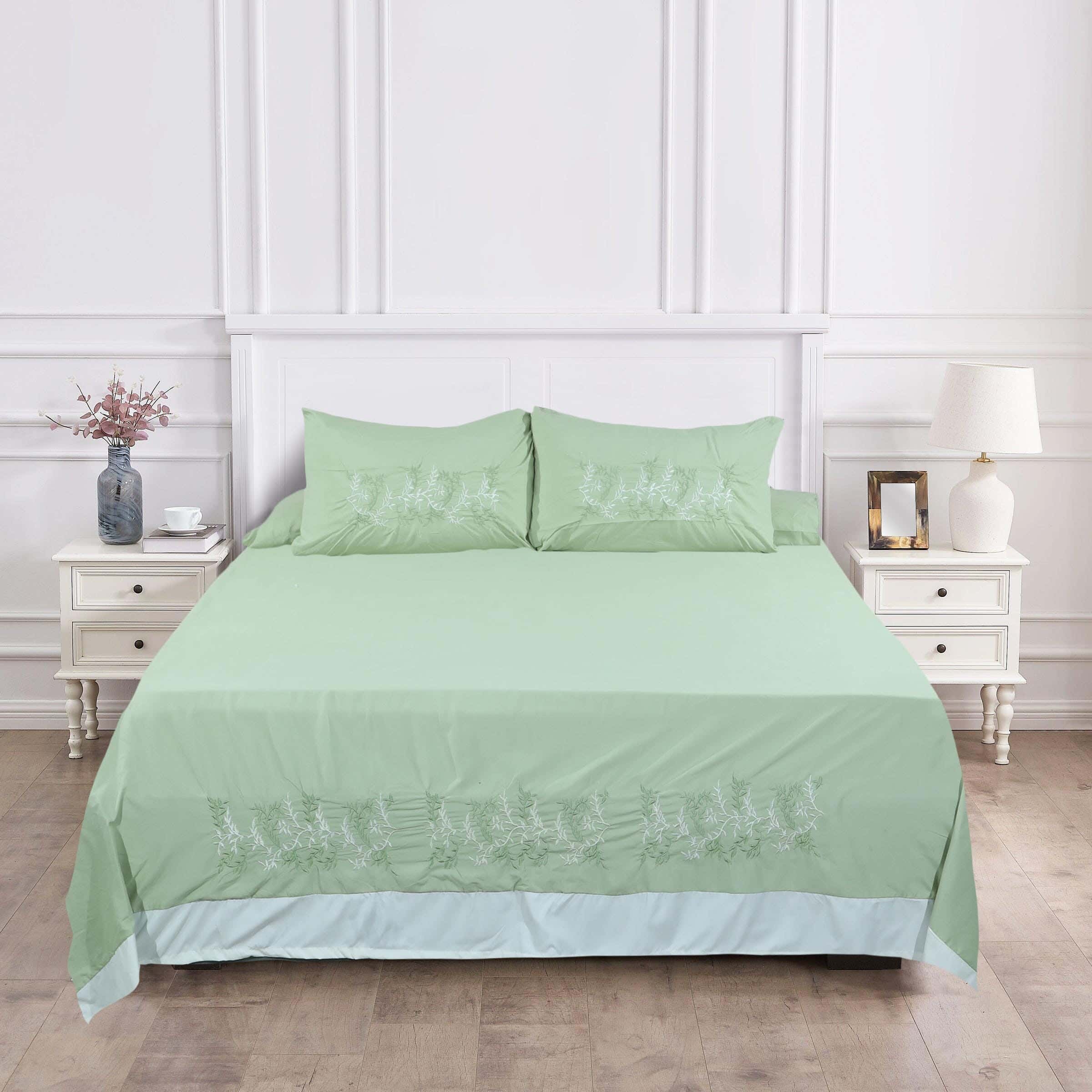 Instagold Embroidered Microfiber Bed Sheet Set, 4 Pieces, 240×240 cm, 1650 gm - Olive