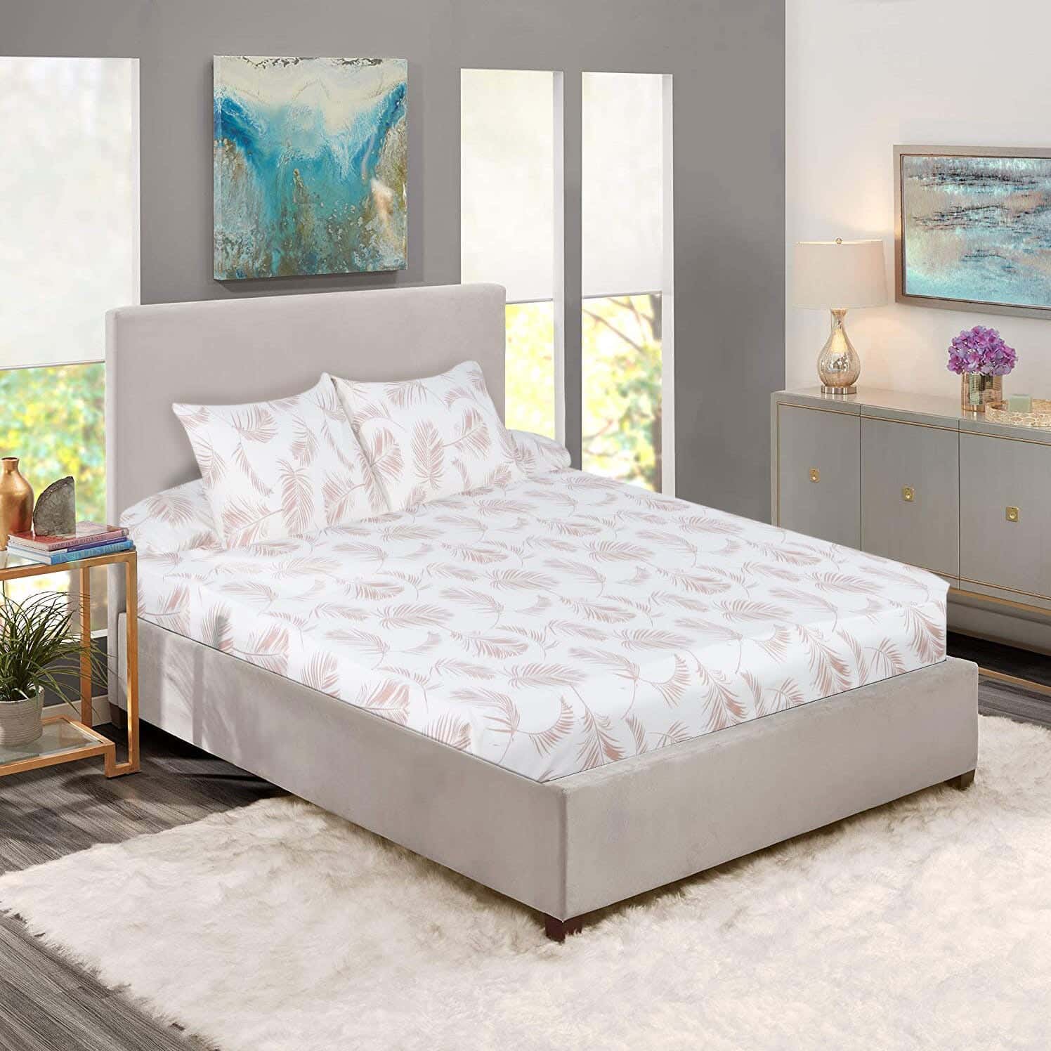 Lili Cotton Elastic Bedding Sheet Set, 4 Pieces, 200×180 cm, 1200 gm - Beige White