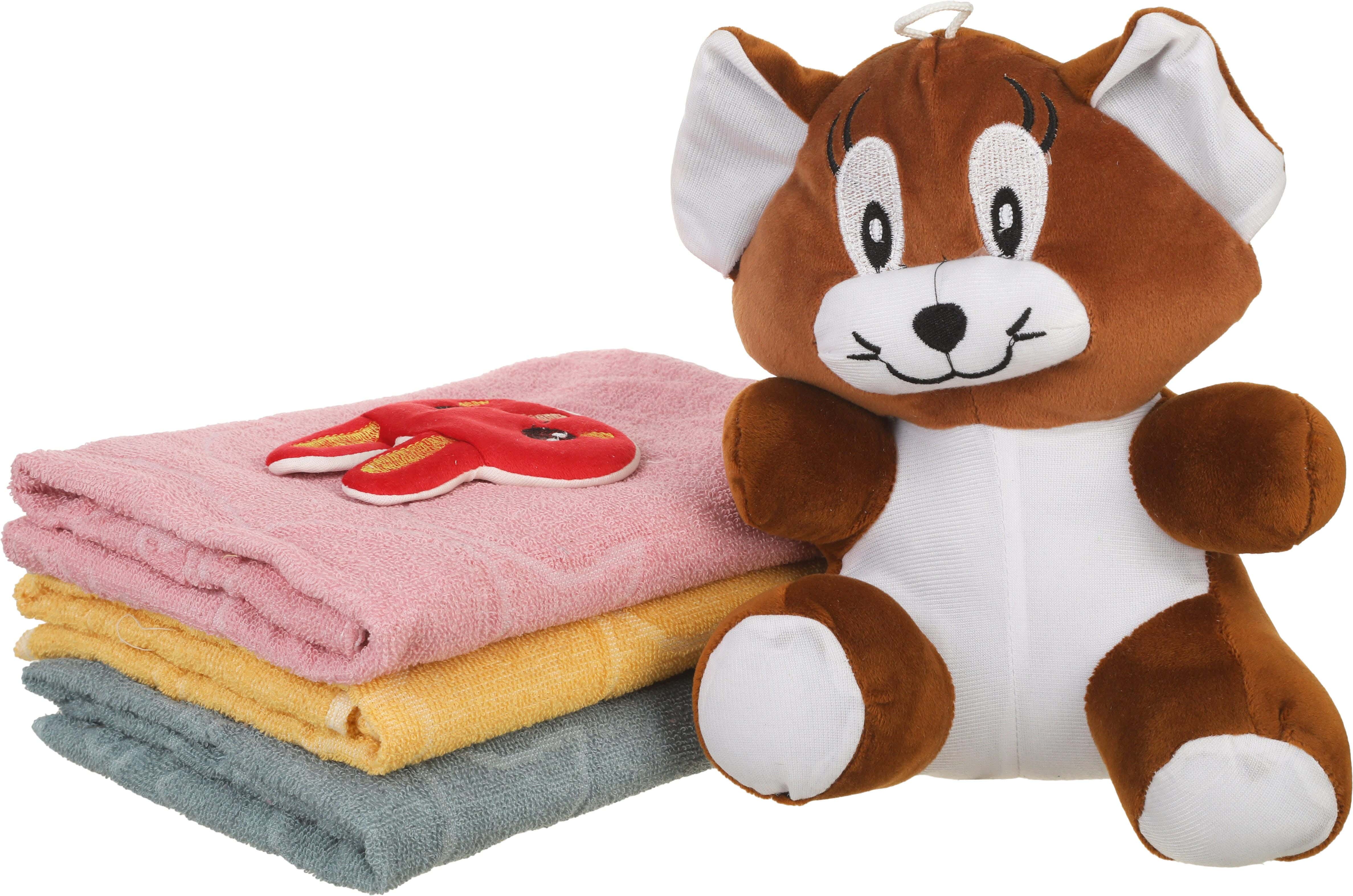 Assel Printed Cotton Towel Set for Kids, 3 Pieces, with Teddy Bear, 55×75 cm, Approximately 155 grm - Multicolor