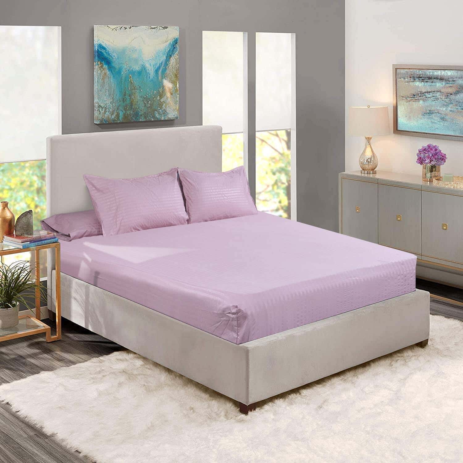 Lili Cotton Elastic Bed Sheet Set, 4 Pieces, 160×200 cm, 1300 gm - Mauve