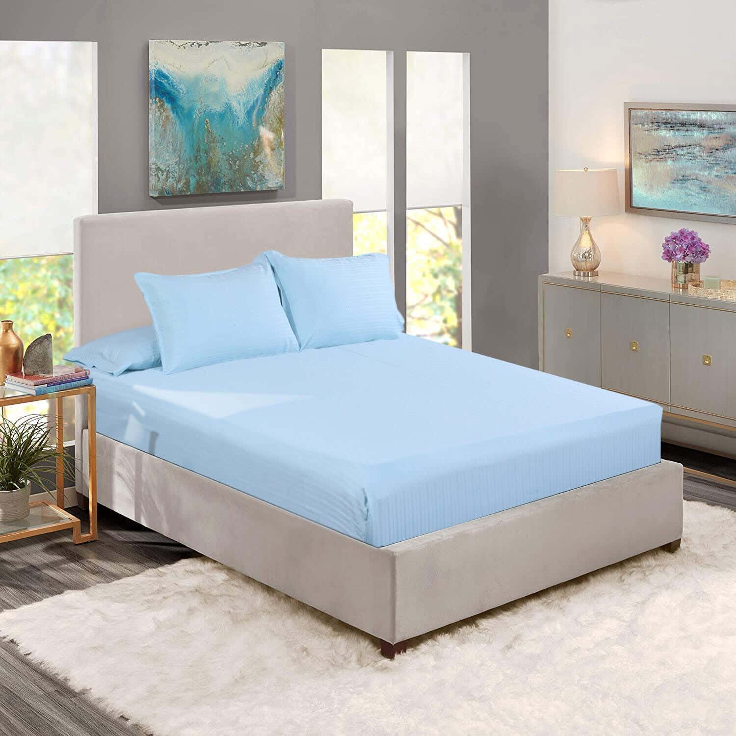 Lili Cotton Elastic Bed Sheet Set, 4 Pieces, 160×200 cm, 1300 gm - Light Blue