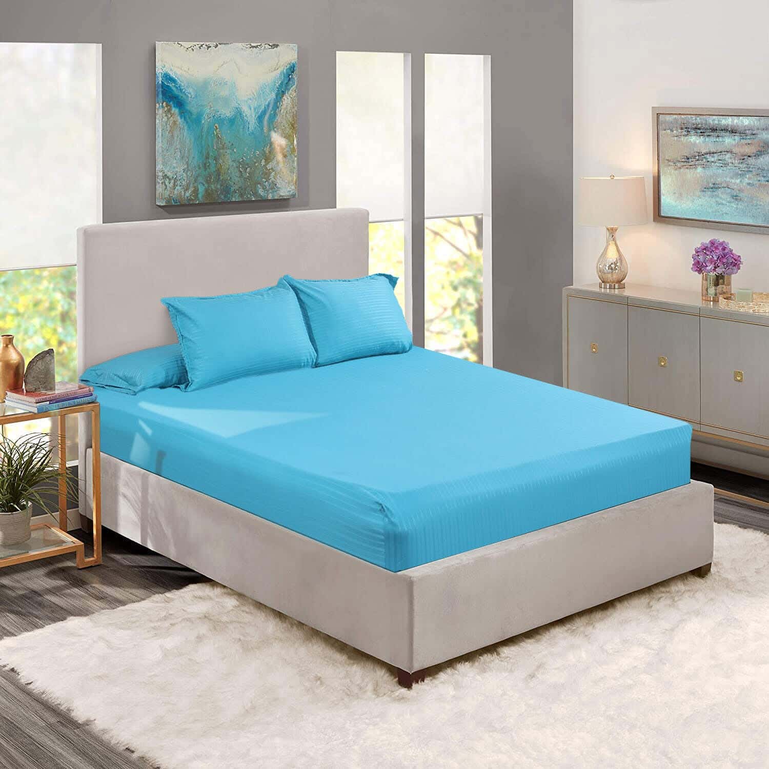 Lili Cotton Elastic Bed Sheet Set, 4 Pieces, 200×180 cm, 1350 gm - Blue