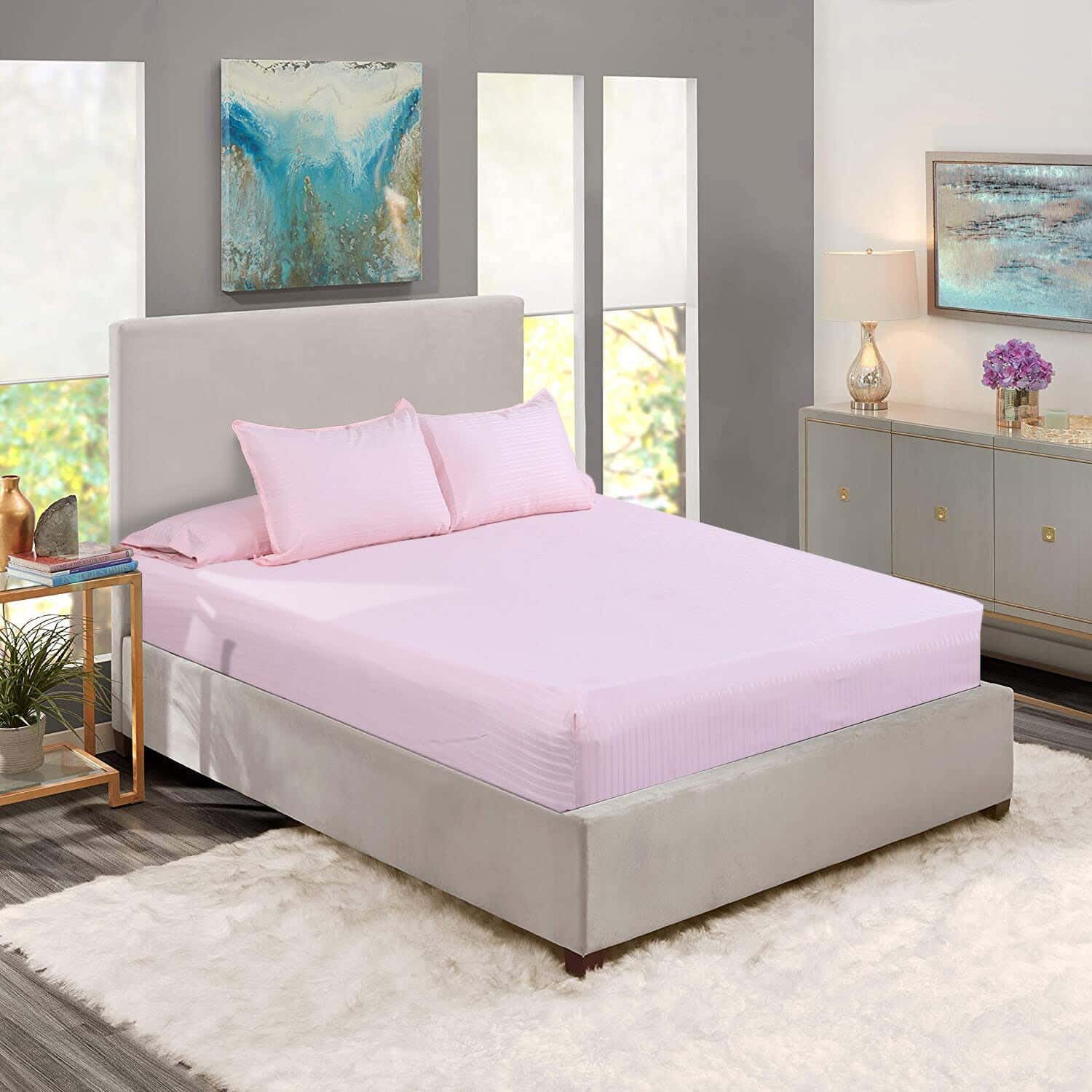 Lili Cotton Elastic Bed Sheet Set, 4 Pieces, 200×180 cm, 1350 gm - Pink
