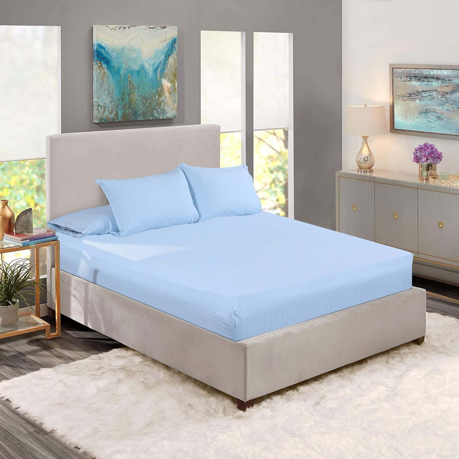 Lili Cotton Elastic Bed Sheet Set, 4 Pieces, 200×180 cm, 1350 gm - Light Blue