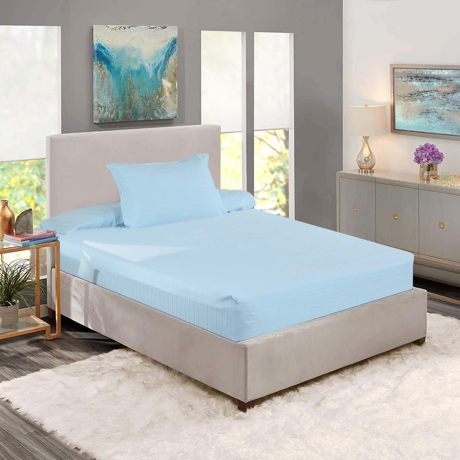 Lili Cotton Elastic Bed Sheet Set, 6 Pieces, 200×120 cm, 2000 gm - Light Blue