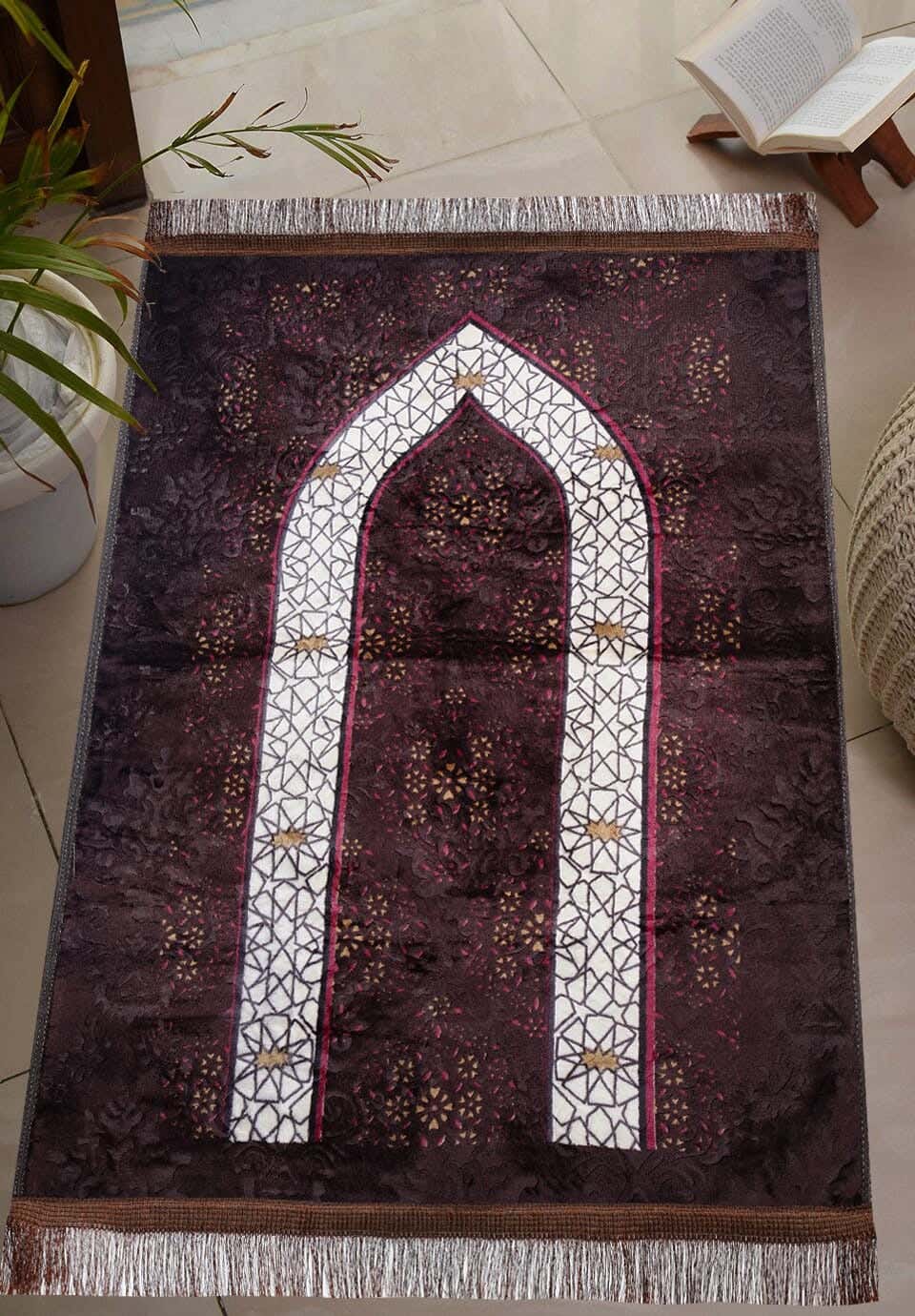 Velvet Prayer Mat Printed with Dots Back, 70×110 cm, approximately 550 grm - Dark Red White