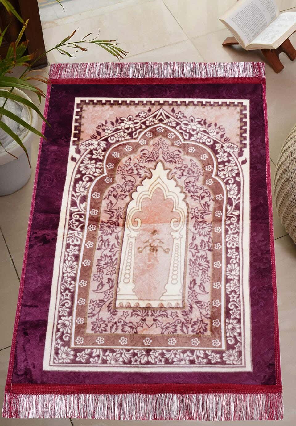 Velvet Prayer Mat Printed with Dots Back, 70×110 cm, approximately 550 grm - Dark Red Beige