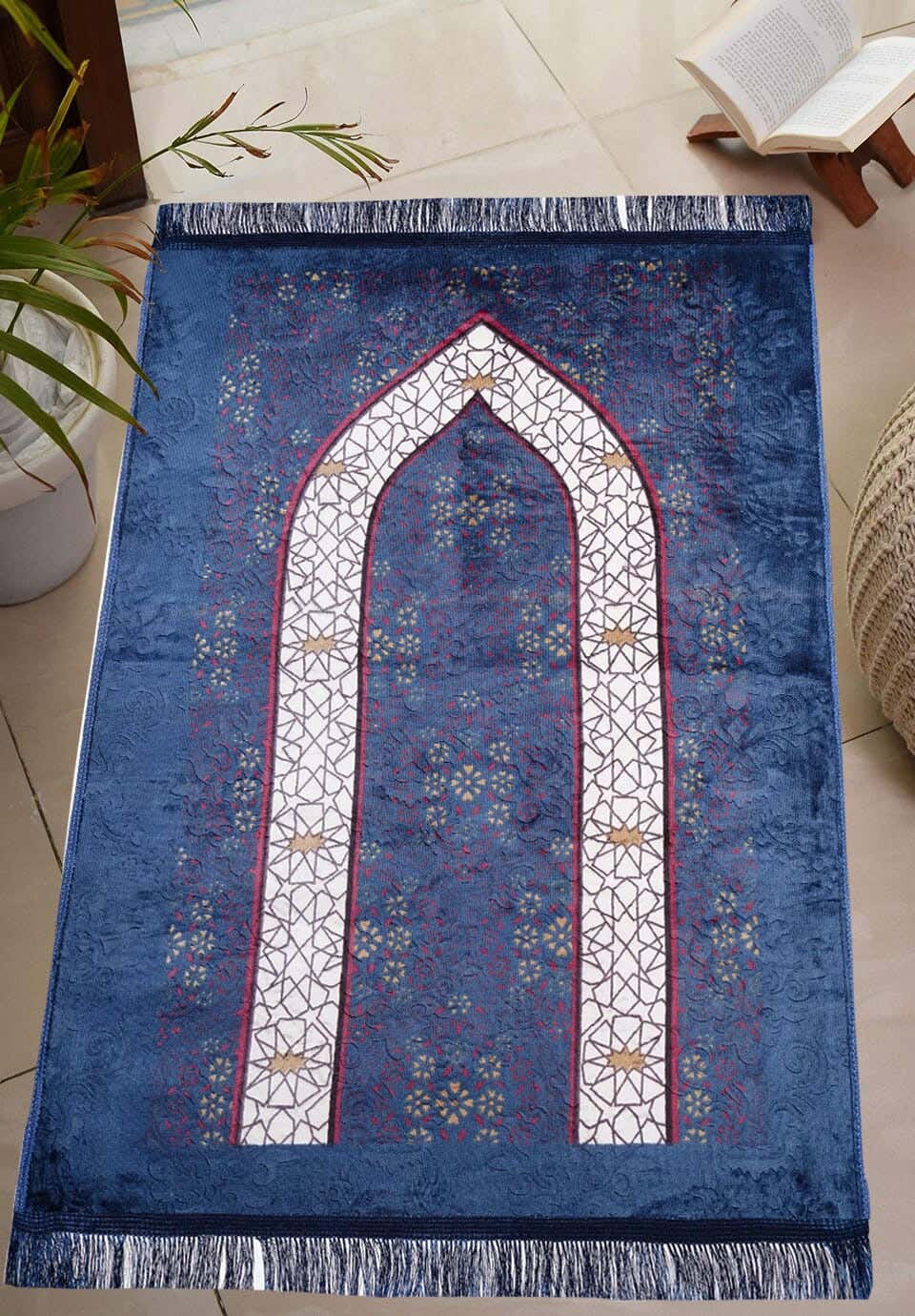 Velvet Prayer Mat Printed with Dots Back, 70×110 cm, approximately 550 grm - Petrol White