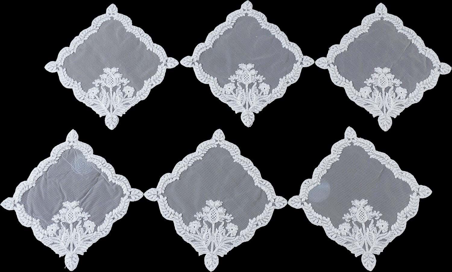 Embroidered Tulle Doily Set, 6 Pieces, 28x28 cm, Approx 90 gm - White