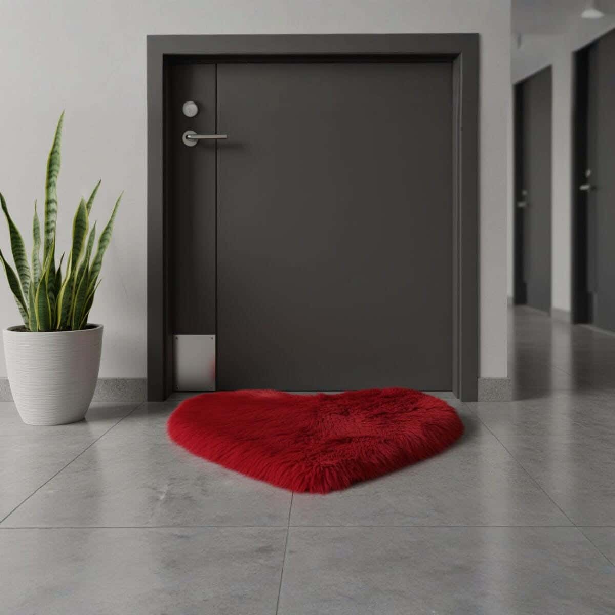 Fur Door Mat Heart Shaped, 70x80 cm - Red