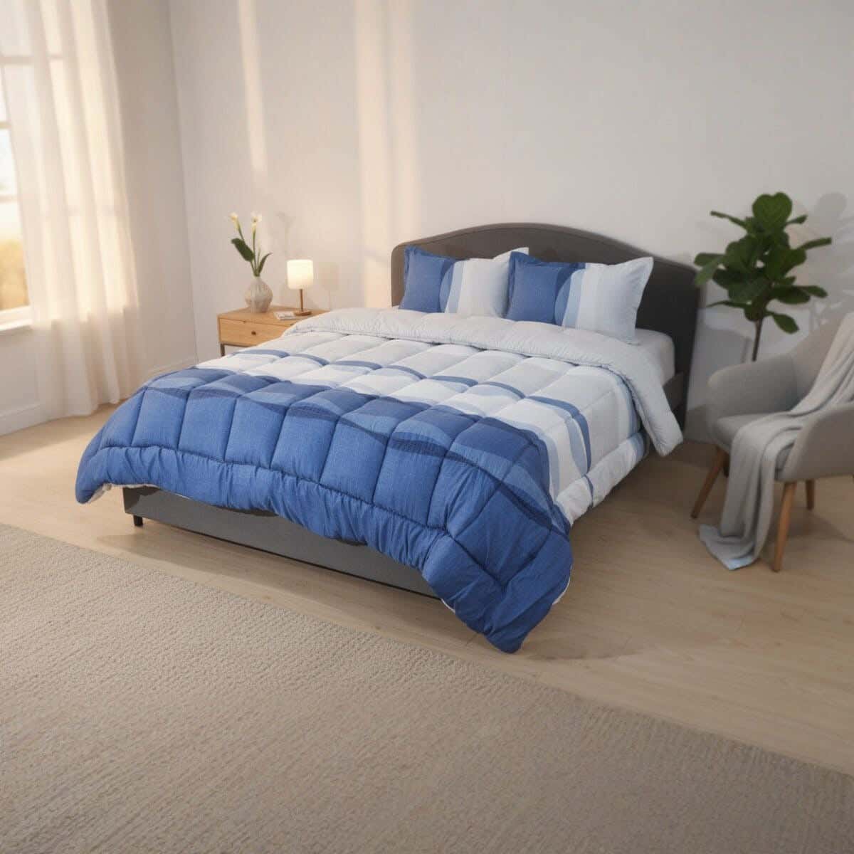 Morano Prestige Microfiber Quilt Set, 3 Pieces, 230×250 cm, Approximately 3800 grm - White Blue