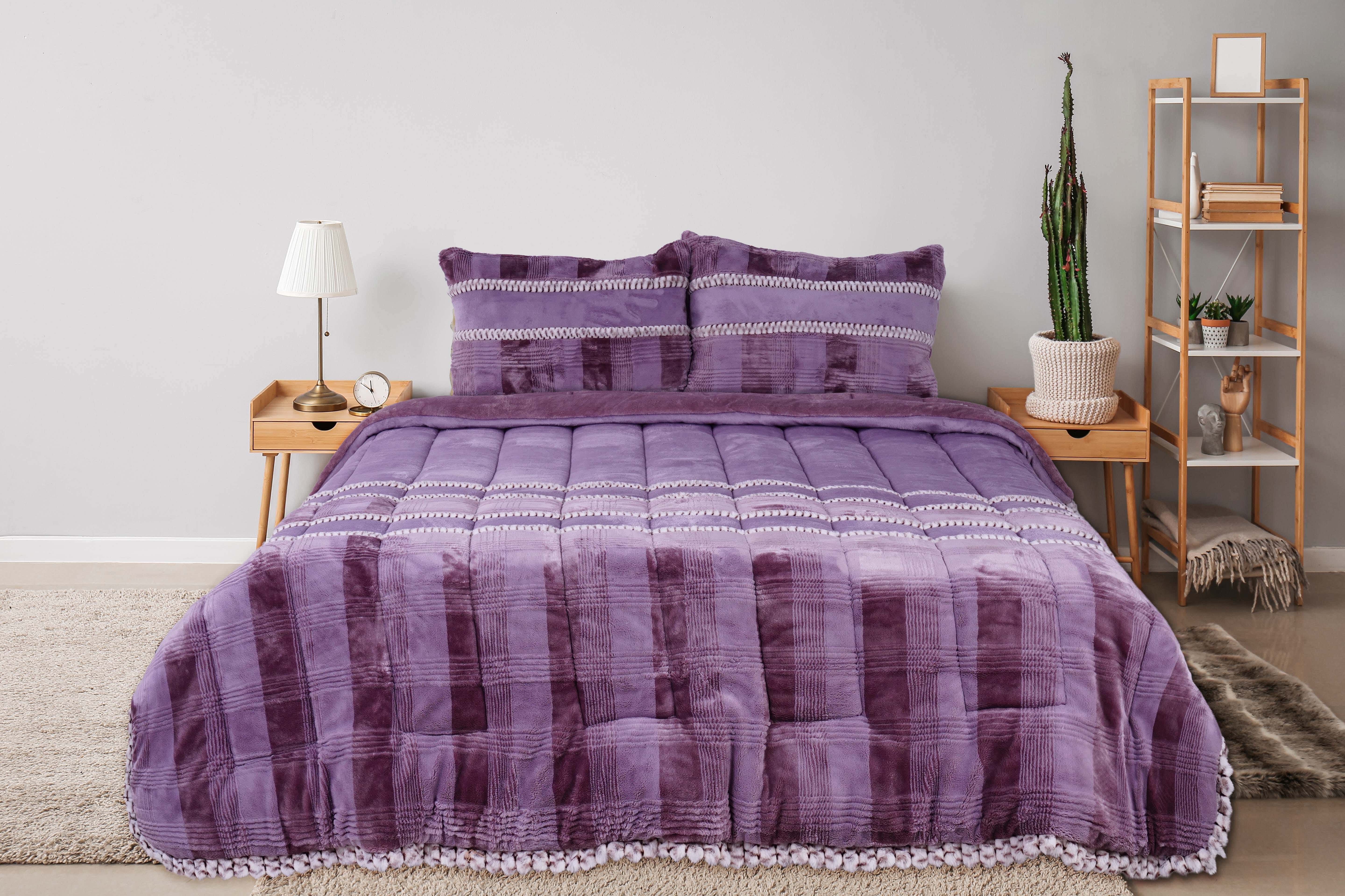 Denzli Fur Quilt Set, 3 Pieces, 240x260 cm, 7900 gm - Mauve
