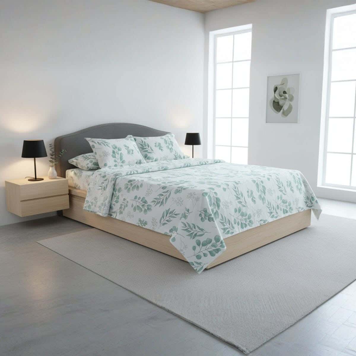 Pupilla Cotton Bedding Sheet Set, 4 Pieces, 240x240 cm, 1300 gm - White Green